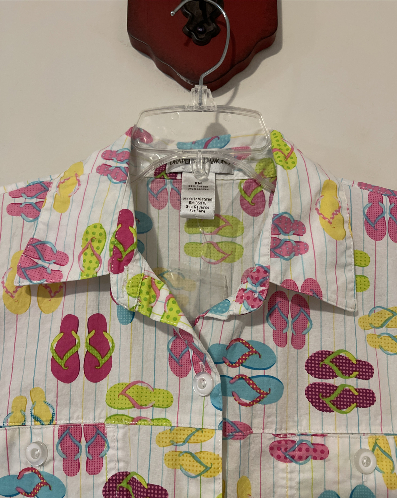 Drapers Damons Womens Petite Medium White Sandal Print Button-Up Blouse! A6008