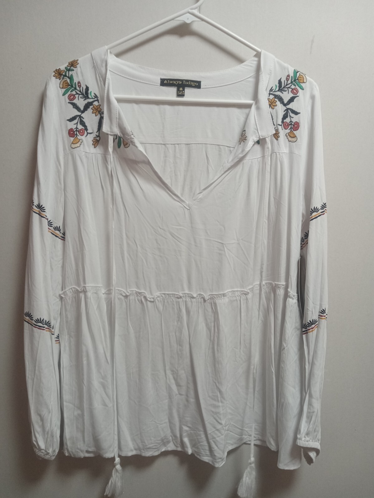 Always Indigo Blouse Womens Size Medium White w/ Floral Embroidery Boho NWT