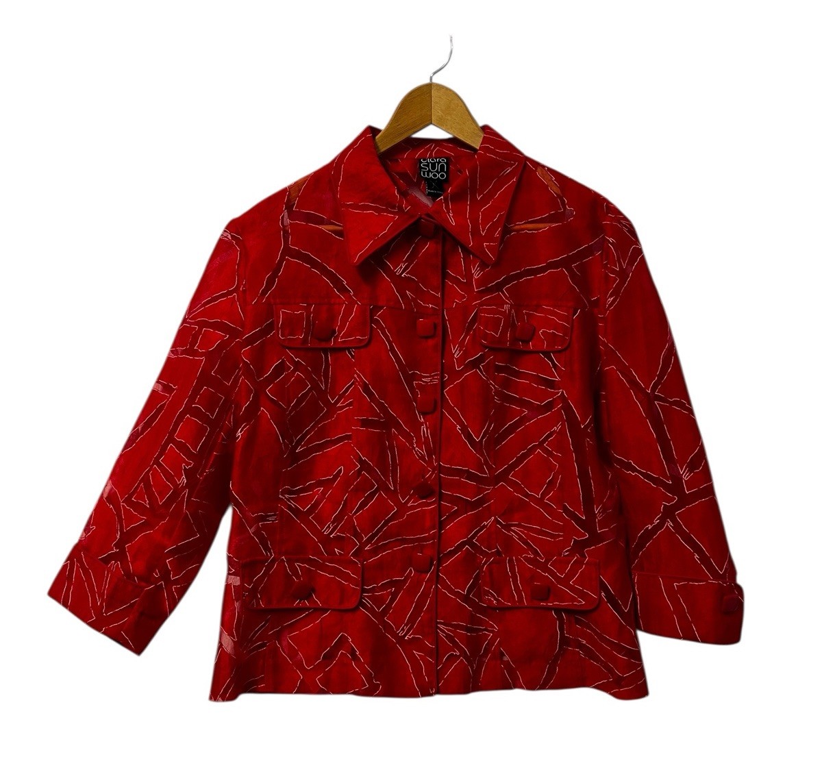 Clara Sun Woo Red Top Womens Large Classic Stretch Blouse Easy Care Linen Blend