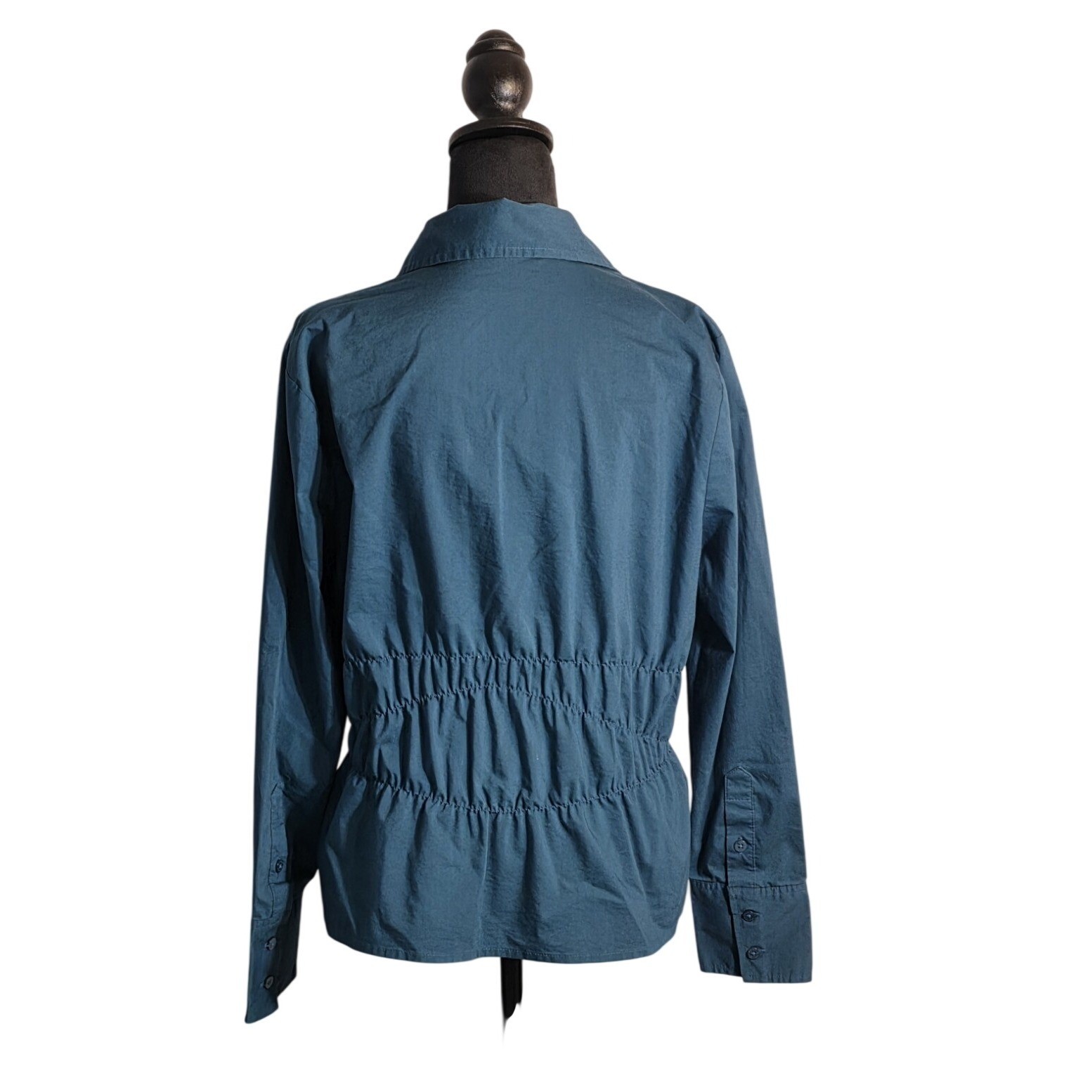 Worthington Stretch Teal Blue Smocked Waist Button Down Blouse Shirt Womens L