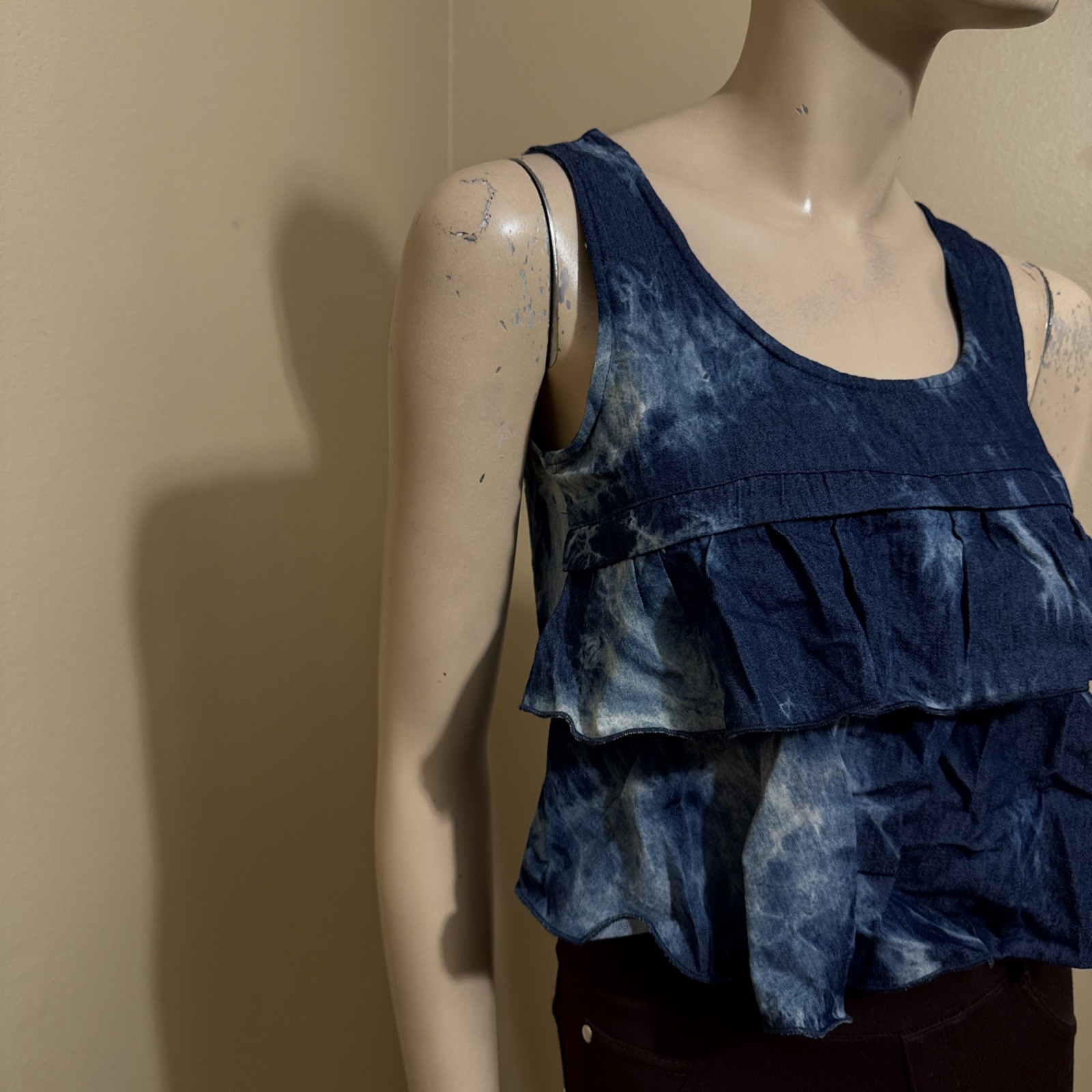 Women’s Blue Denim Cotton Casual Summer Open Stretch Zipper Size S Blouse Top