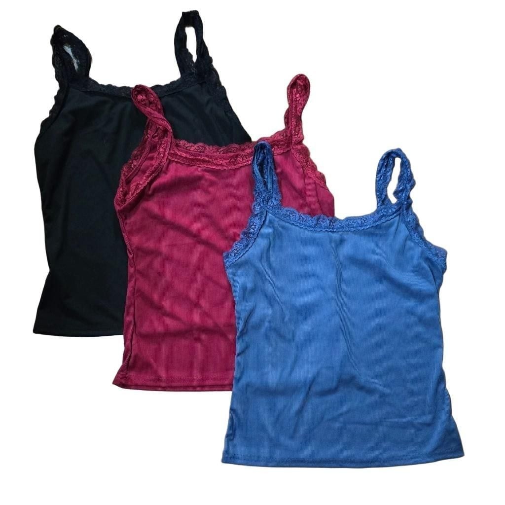 Set of 3 Ribbed Lace Trim Cami Tank Tops