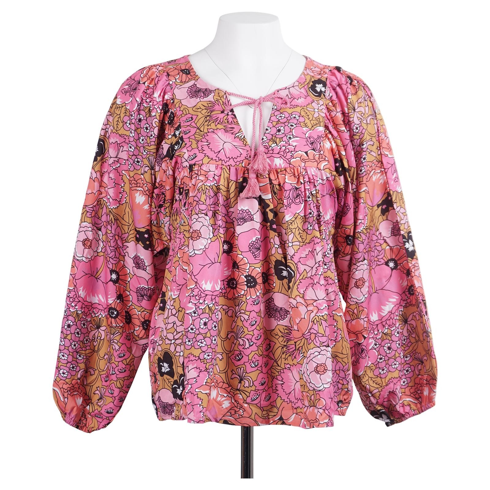 BLUE BOHEME Women Top O/S Pink Floral Print Retro Hippie Long Sleeve Tie Neck