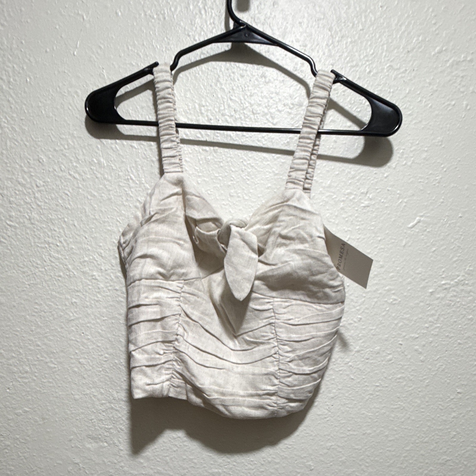 Promesa Women’s Cream Smocked Ruched Bow Front Square Neck Cropped Tank Top S