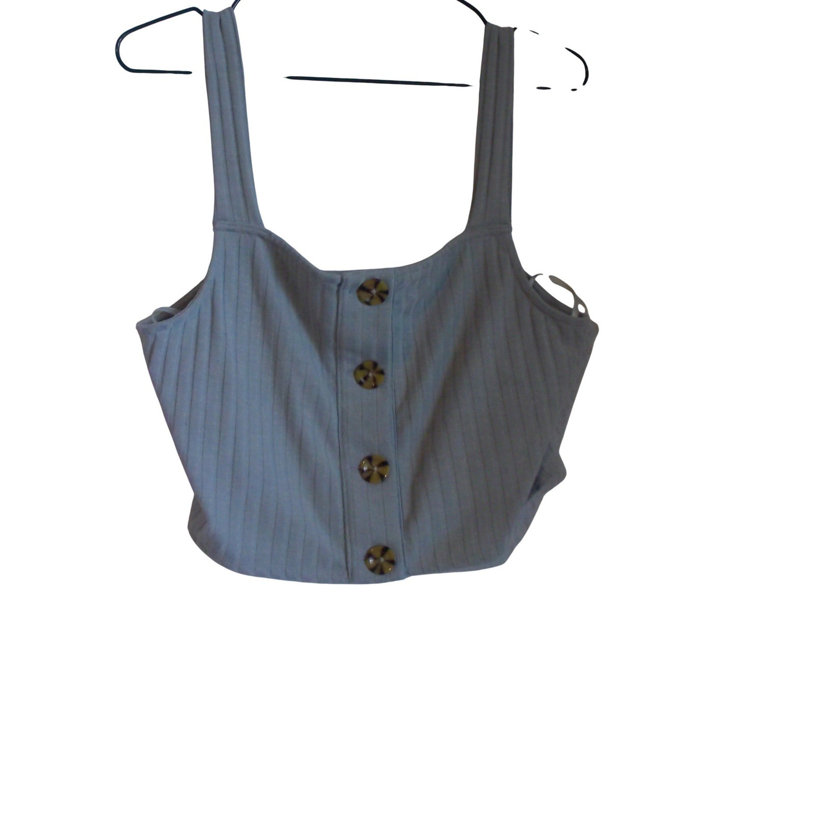 Cage Womens Ribbed Knit Button Front Crop Top Light Blue Sleeveless Tank Large