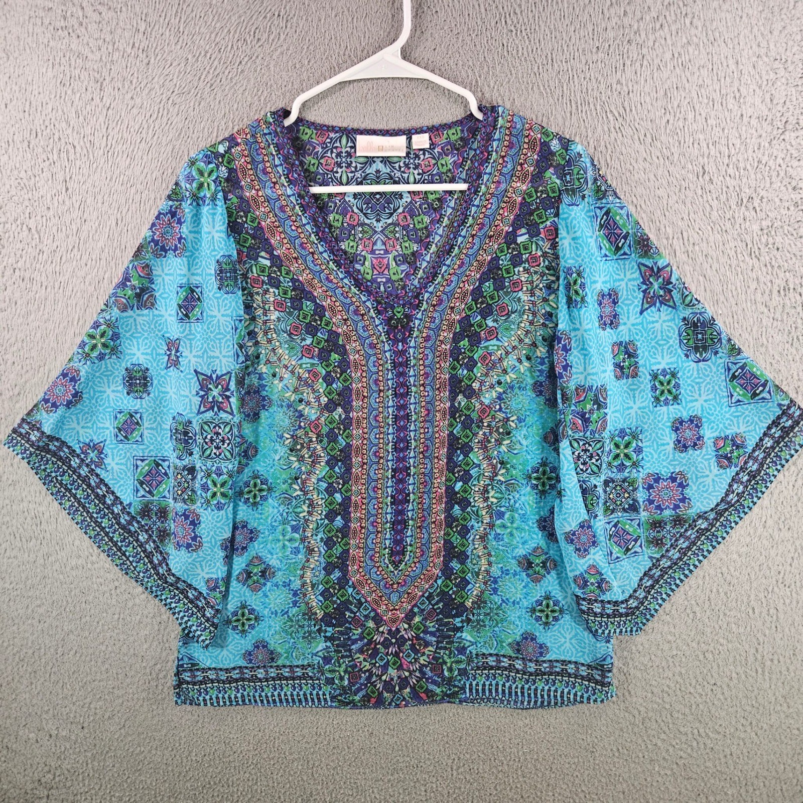 Belle by Kim Gravel Womens XXS Blue Mosaic Print Kimono Sleeve V-Neck Blouse