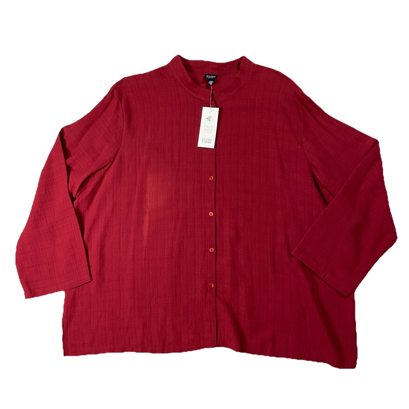 Eileen Fisher Viscose Linen Long Sleeve Button Up Tunic Mandarin Collar Red 3X