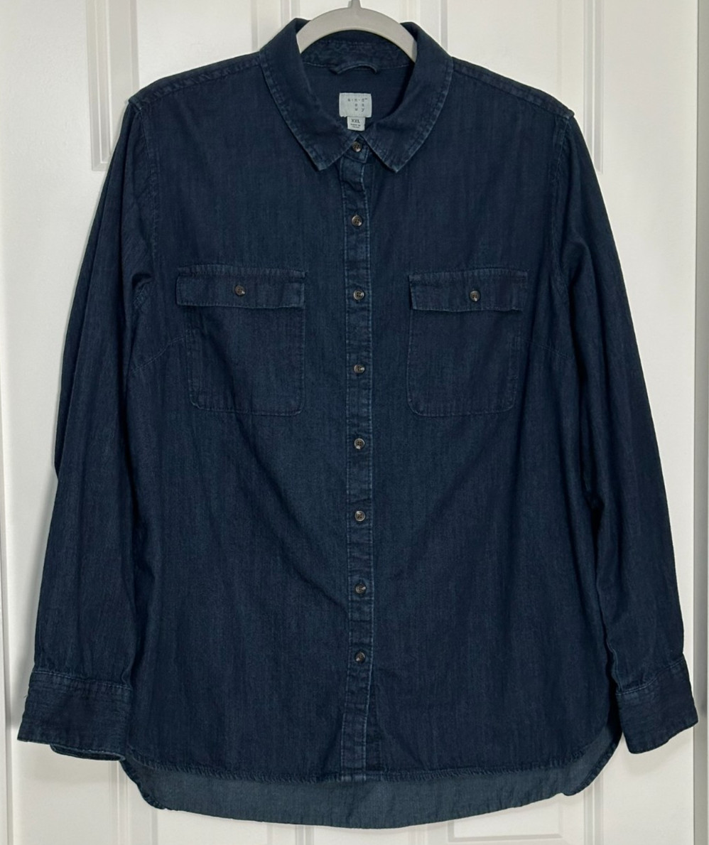 A New Day Denim Button Up Shirt XXL Dark Wash Long Sleeve Casual Utility Cotton