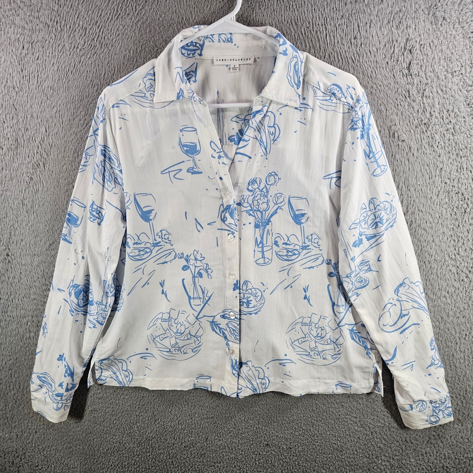 Jane + Delancey Womens Blue White Wine Glass Print Button Down Shirt Small