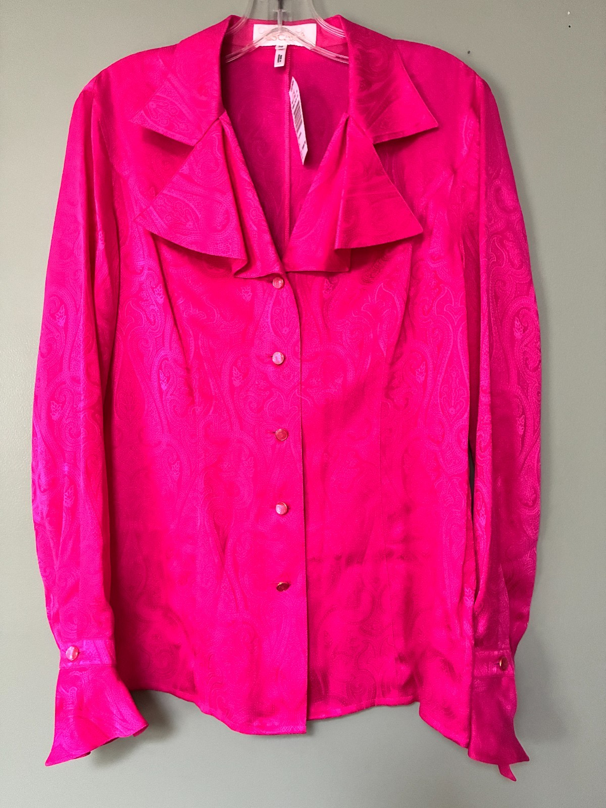 $800 ESCADA SILK BLOUSE IN FUCHSIA FRENCH CUFFS RUFFLED FRONT 36 S-M GERMANY