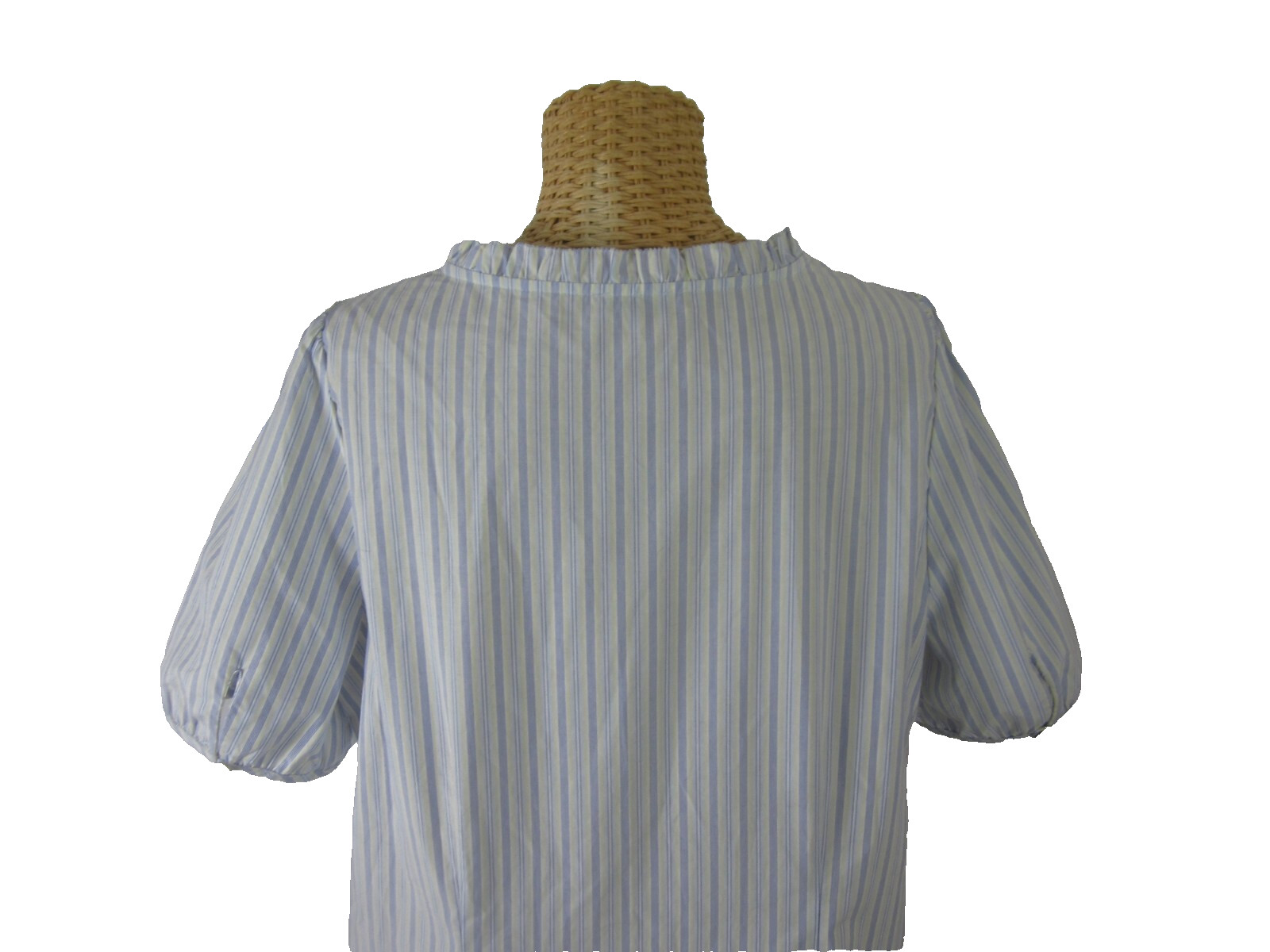 Talbots Womens L Blue White Yellow Striped Ruffle SS Blouse Peasant Shirt Cotton