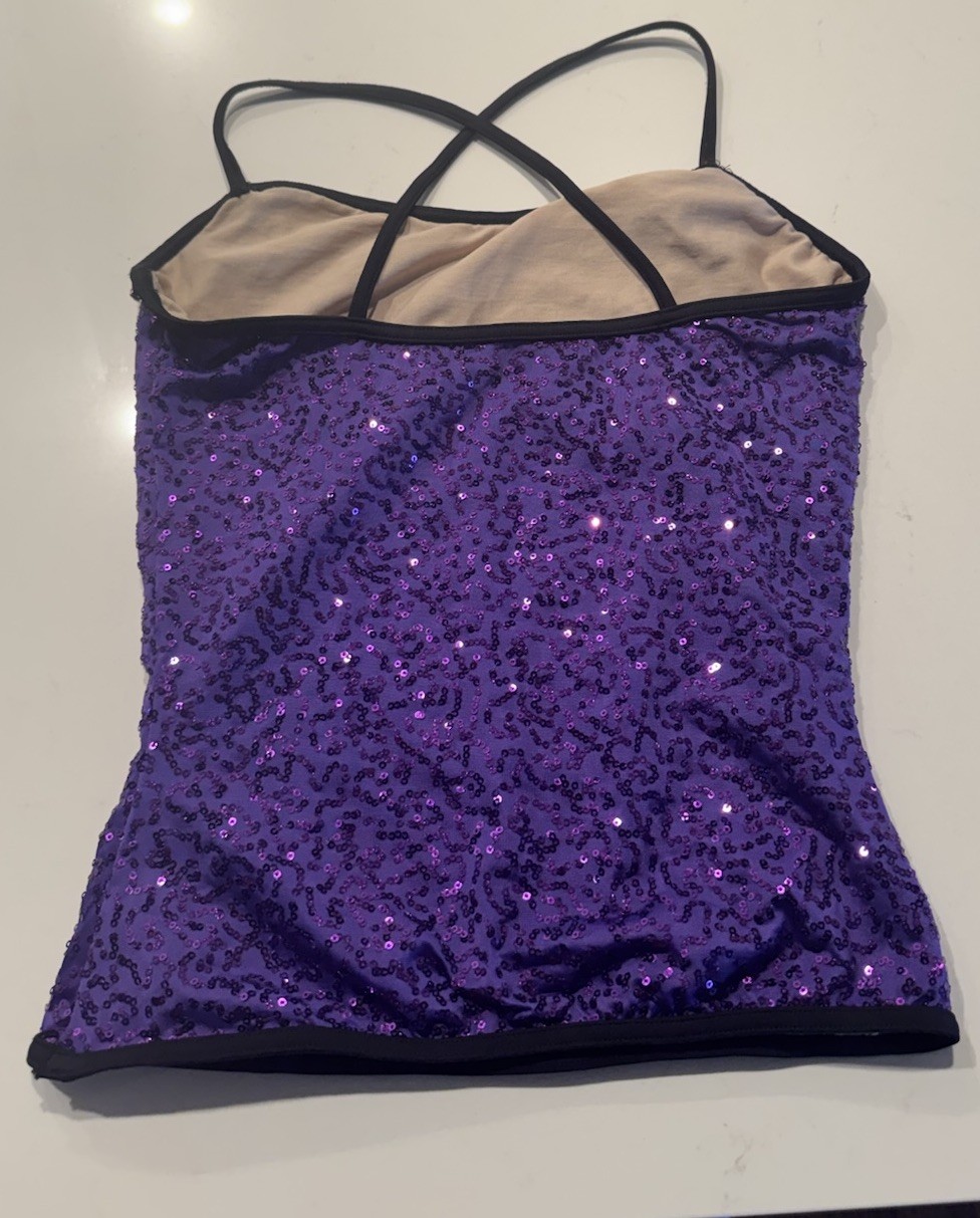 Balera Purple Sequin Tank Top Size Small Adult SA Black Trim Dance Salsa Sparkle
