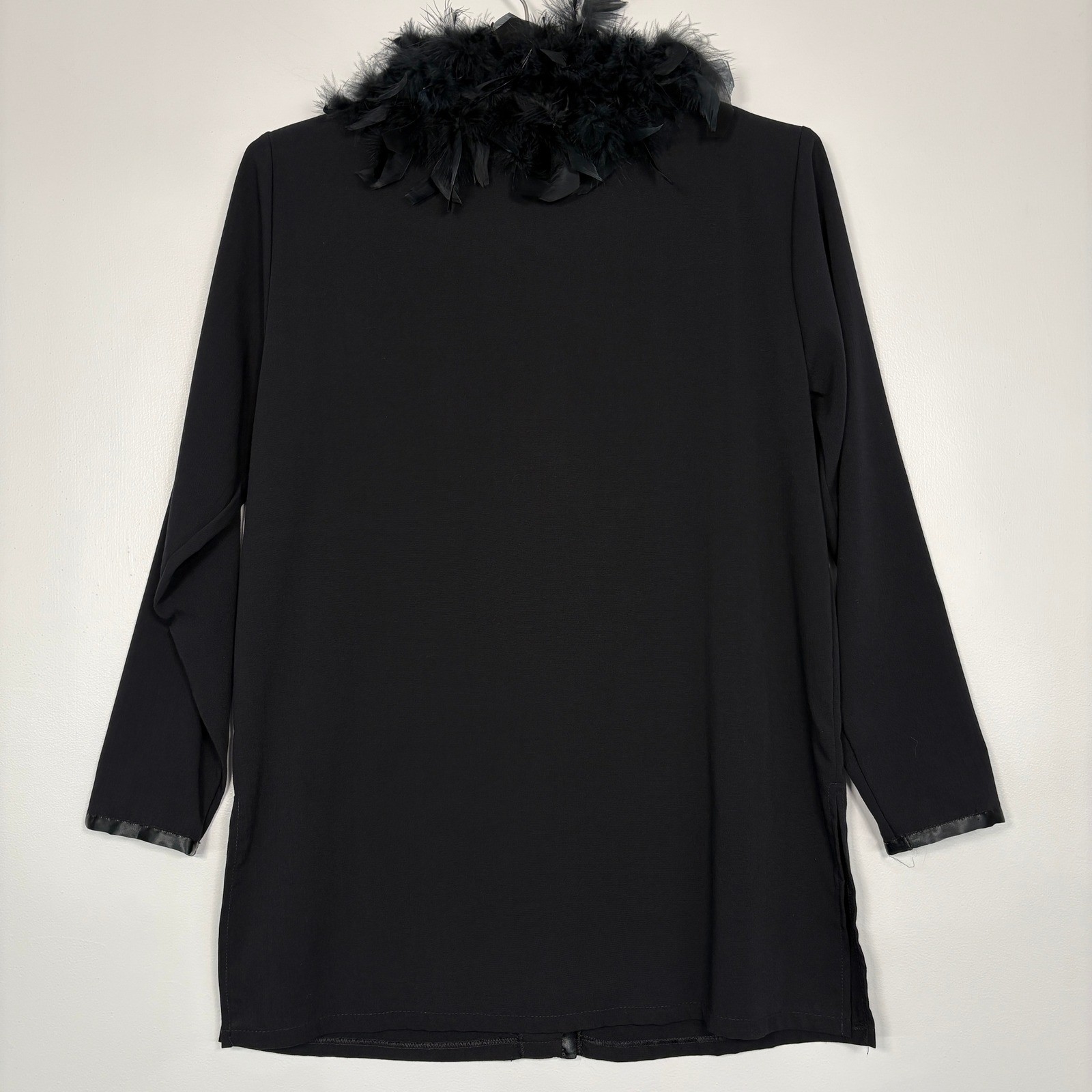 Season Ticket Womens Button Front Top Size S Black Feather Collar Long Sleeve