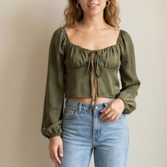 L.A. Hearts Olive Green Milkmaid Tie-Front Crop Top Puff Sleeve Boho – XS