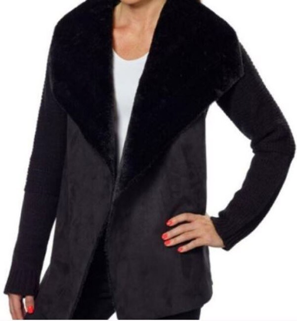 Fever Women’s Cascade Collar Sherpa Knit Jacket Black- NEW!