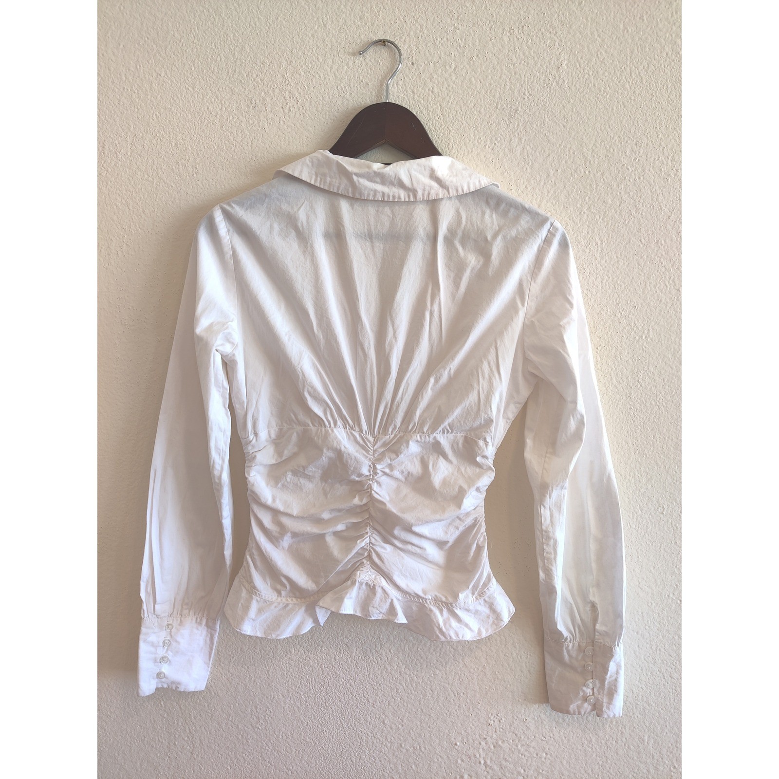Vintage Boston Proper White Ruffle Ruched Cotton Button Down Shirt Blouse Sz 4
