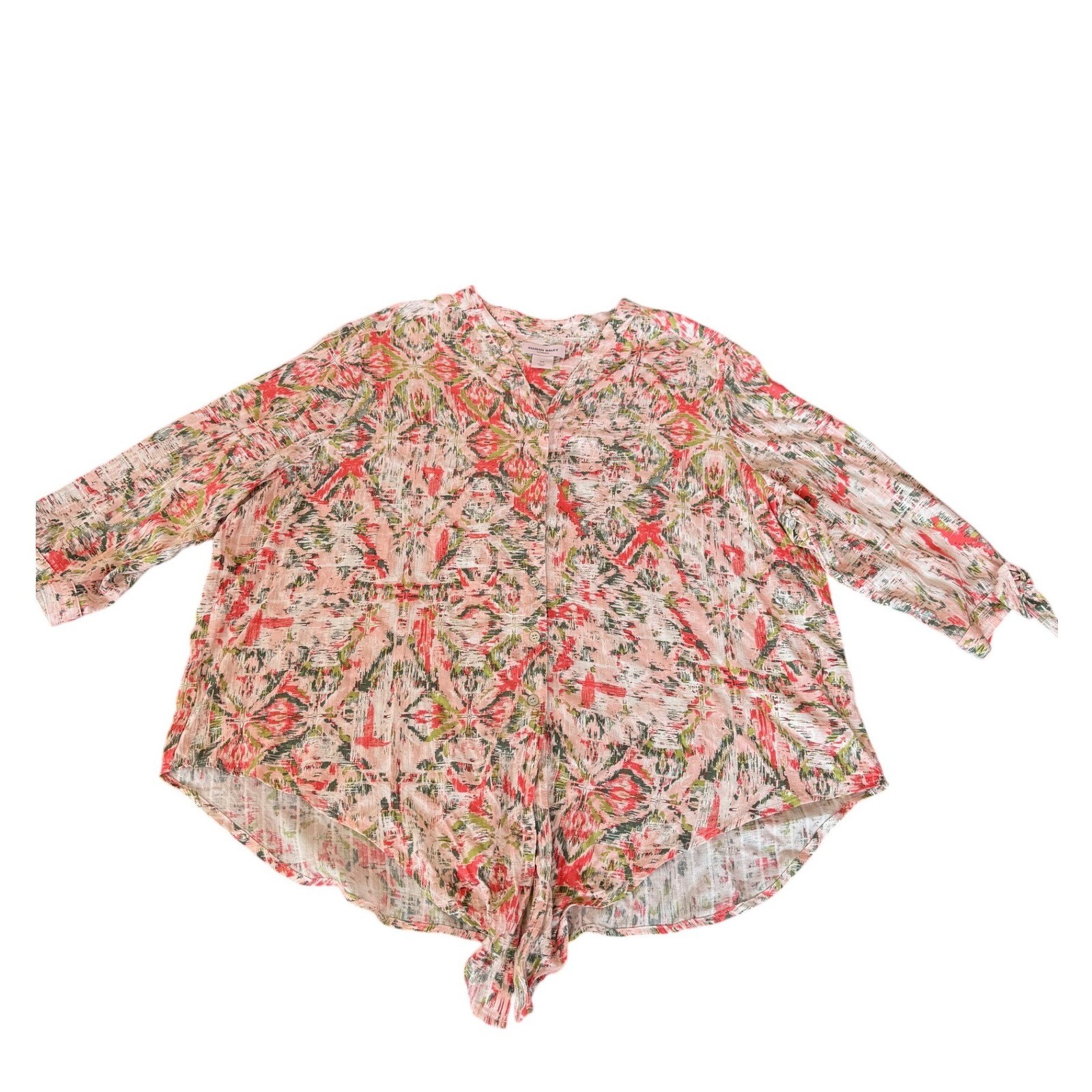 Allison Daley Woman Pink Green Abstract Ikat Tie Front Button Blouse Plus 3X