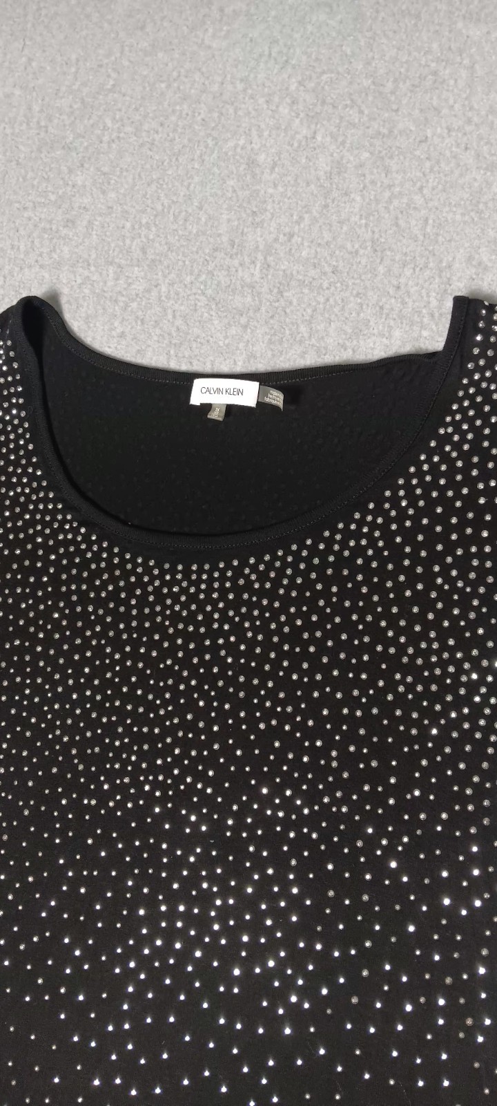 Calvin Klein Rhinestone Studded Short Sleeve Blouse 1X Black Silver Glam Party