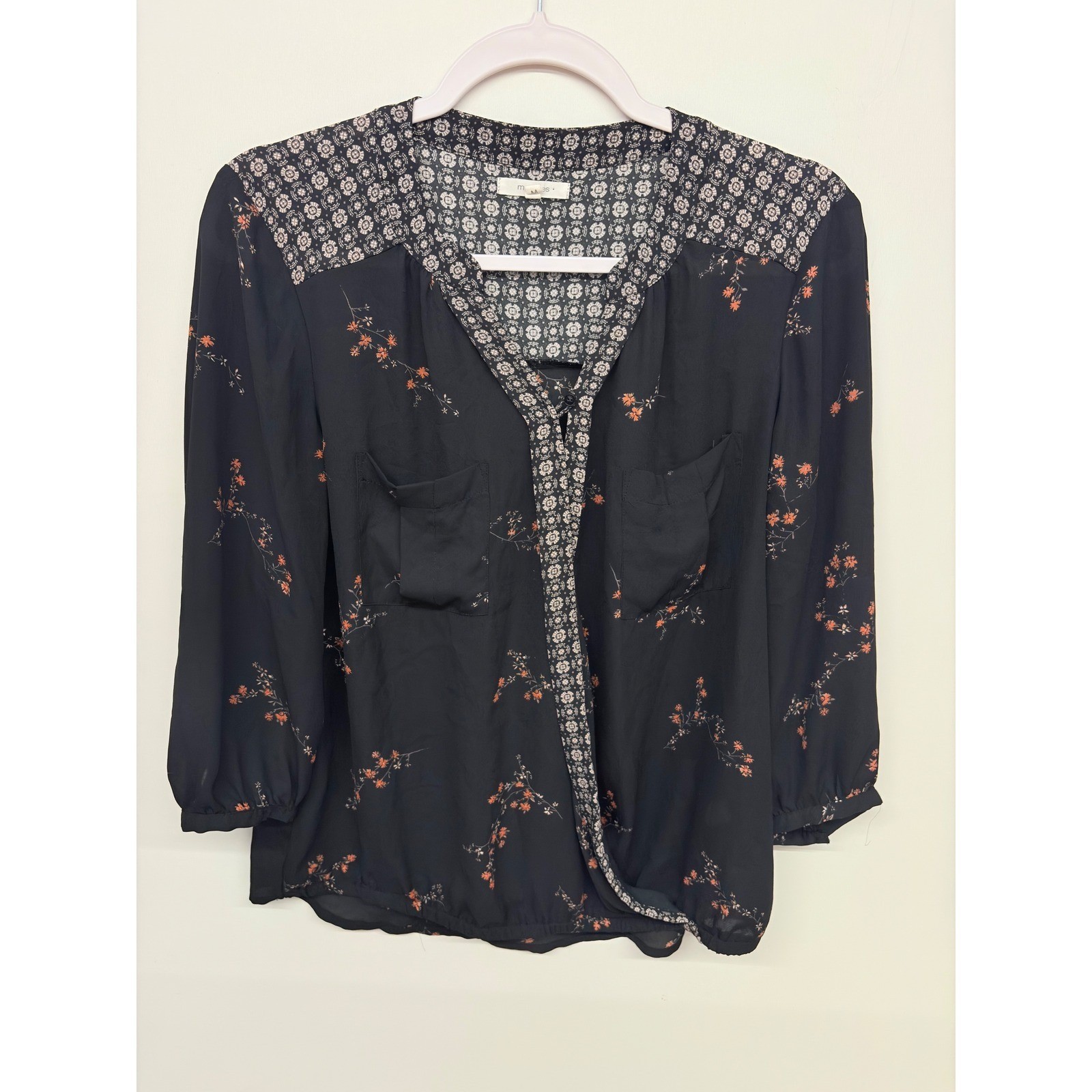 Maurices Boho Surplice Blouse Womens Medium Black Floral Mixed Print Cottagecore