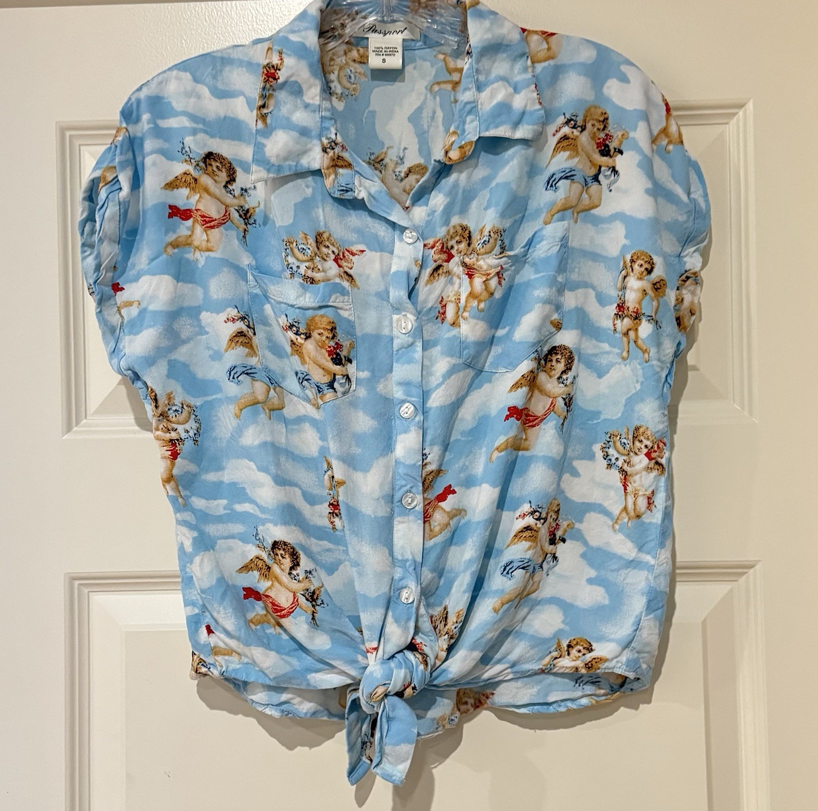 Vintage SZ S Passport Light Blue Cherub Angel Button Blouse Top Short Sleeve