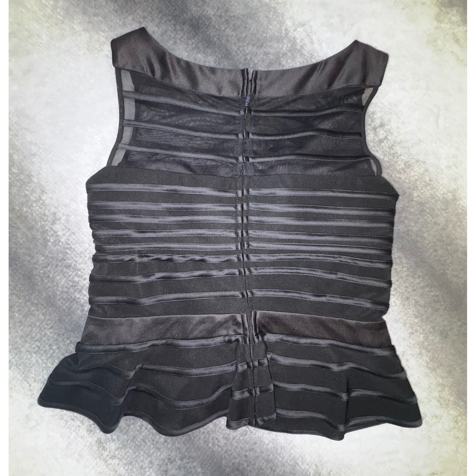 JS Collections Black Ribbon Mesh Peplum Top Rhinestone Buckle Size 10 Evening