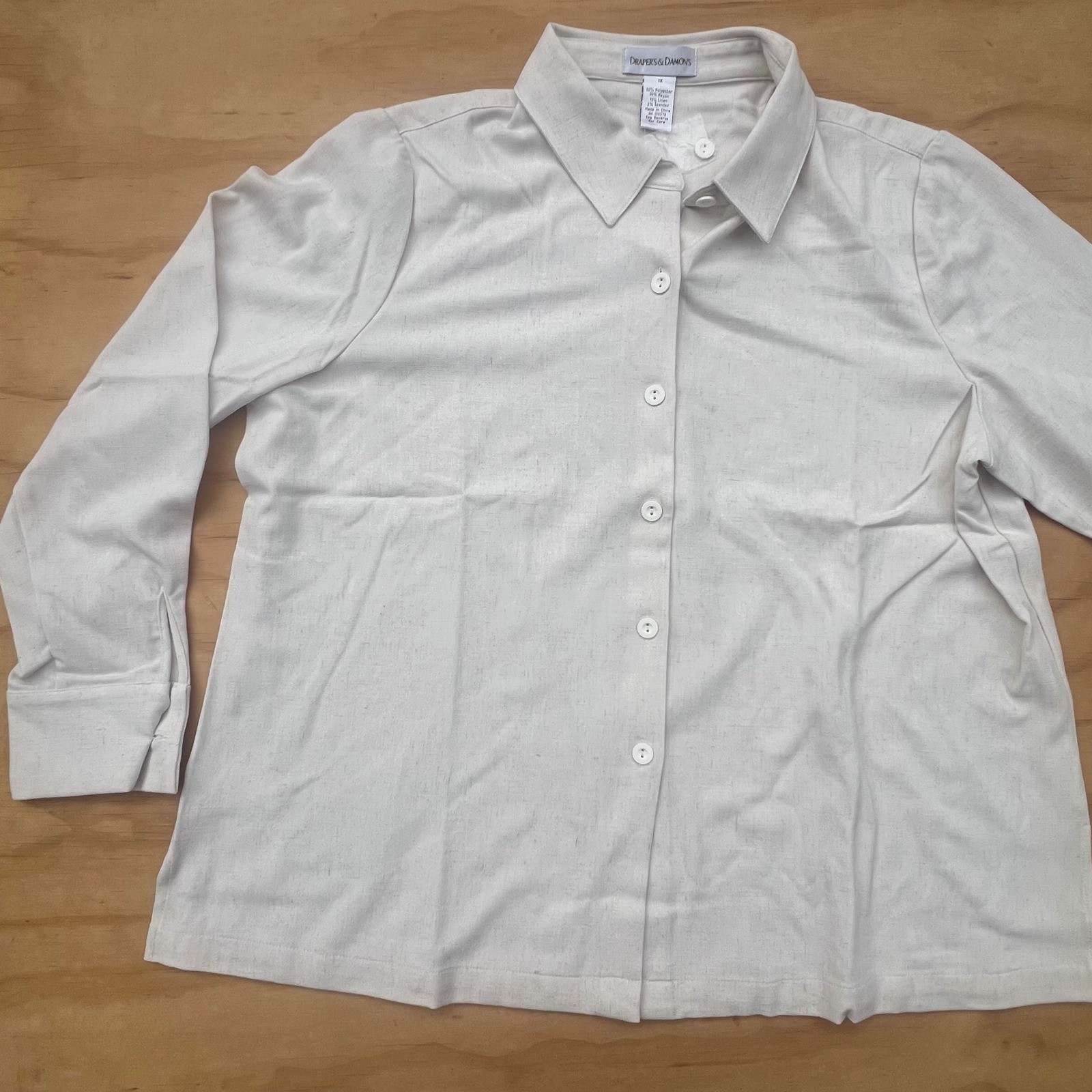Drapers & Damons CreamLinen Blend Button Front Blouse Top 1X Oatmeal Long Sleeve