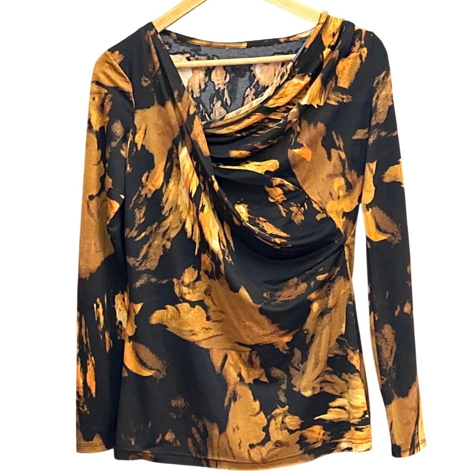 Y2K Liquid Knit Abstract Print Blouse Draped Cowl Neck Artistic Chic Top Maximal