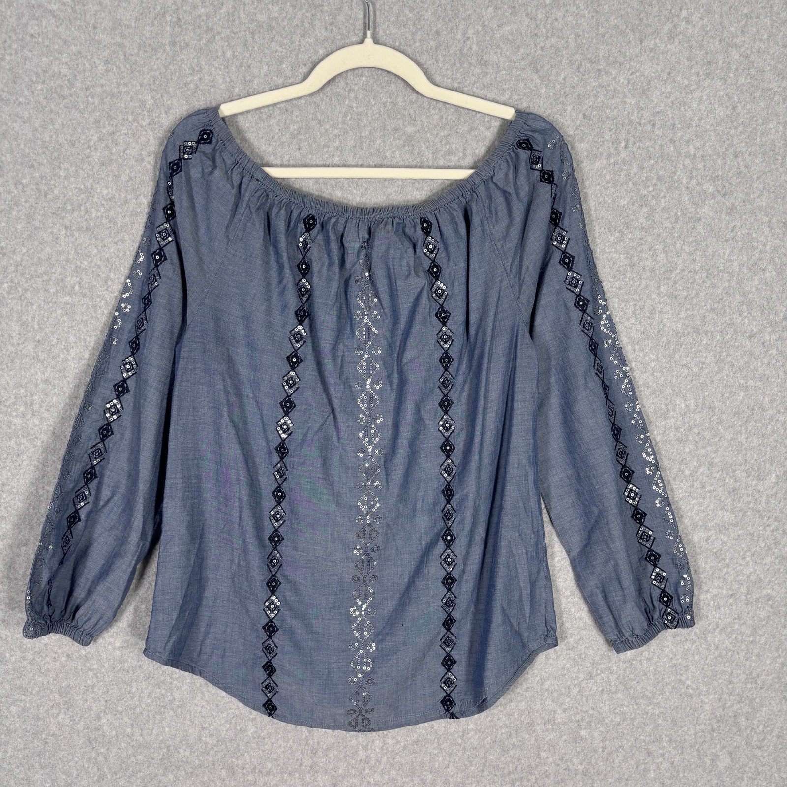 Chicos Peasant Top Small Embroidered Sequin Chambray Cotton Boho Cottage Sparkle