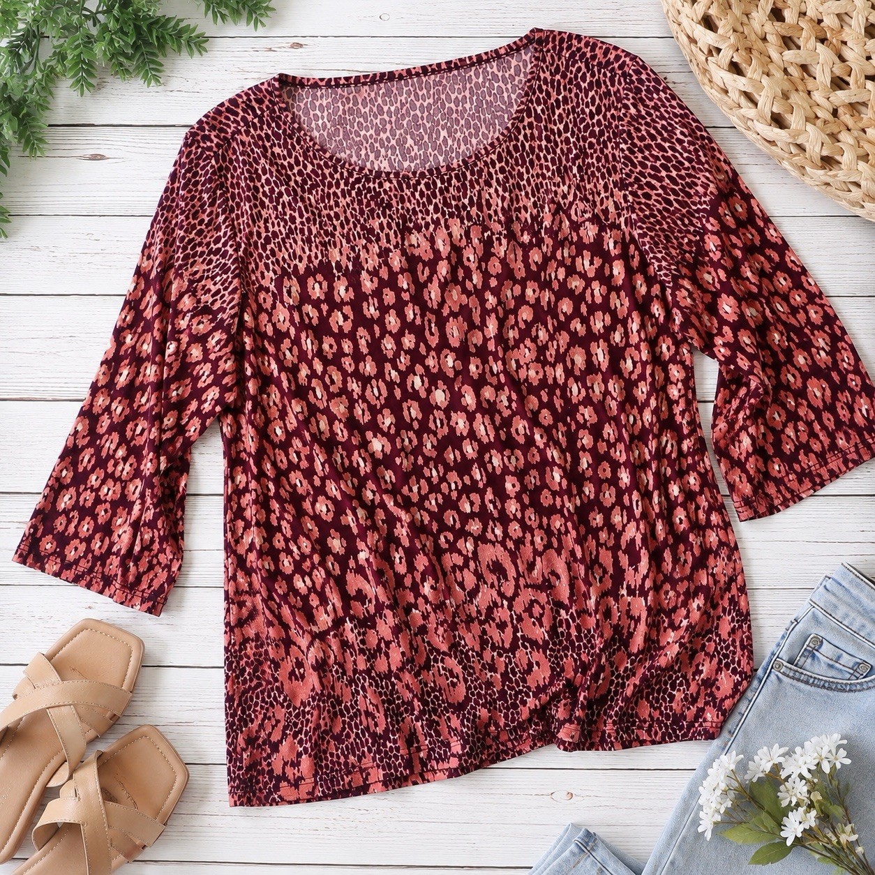 Belle by Kim Gravel 1X Ombré Leopard Print Tunic Top Pink Brown 3/4 Sleeve