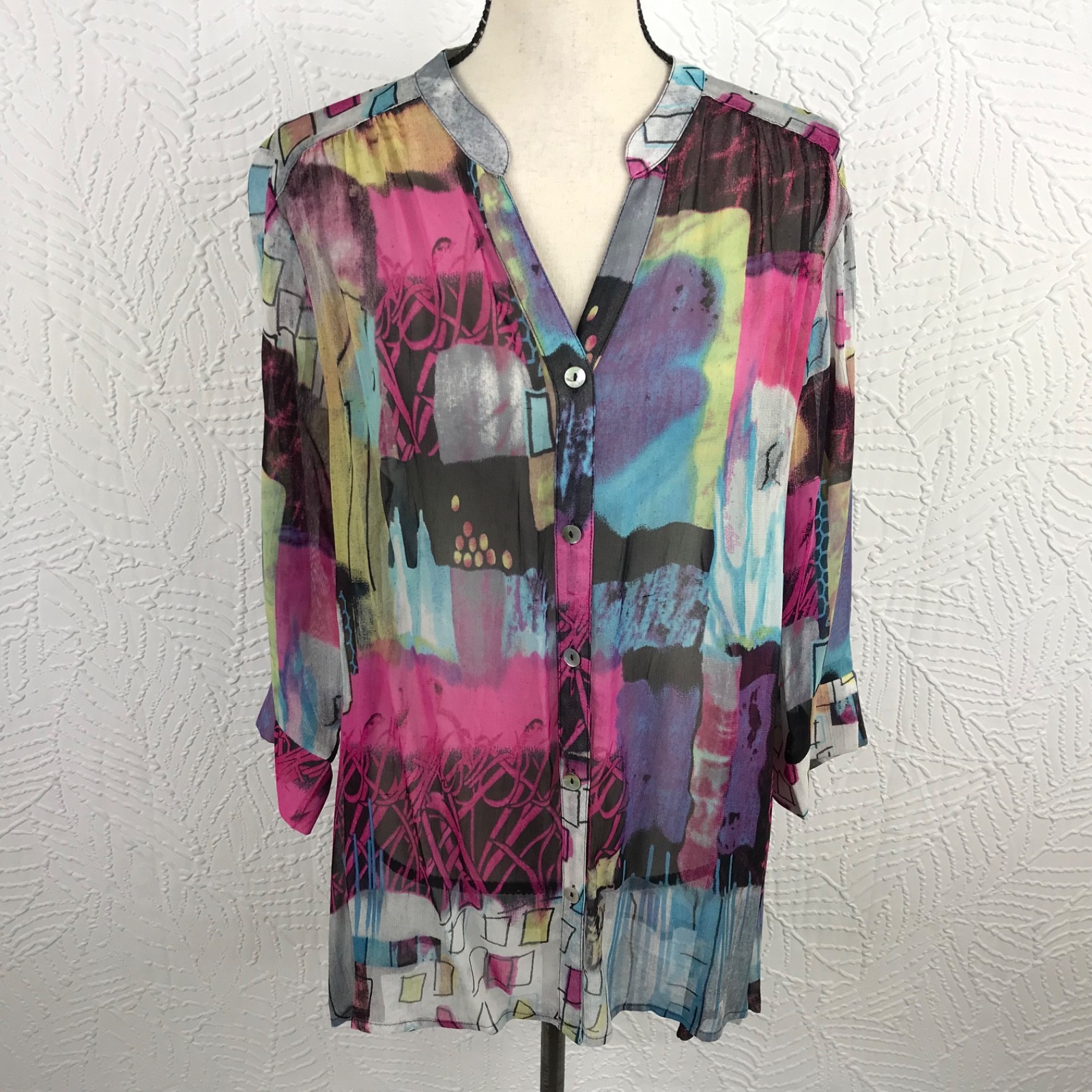 Parsley & Sage Sheer Shirt Blouse Tunic Size L Art to Wear Colorful Lightweight