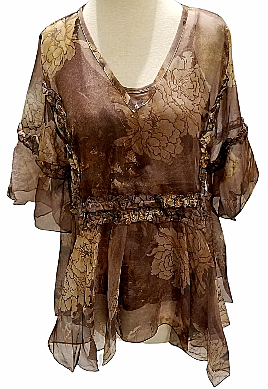 Pretty Angel Women’s 3/4 Bell Sleeve Blouse Large Sheer Floral Brown New Sheer