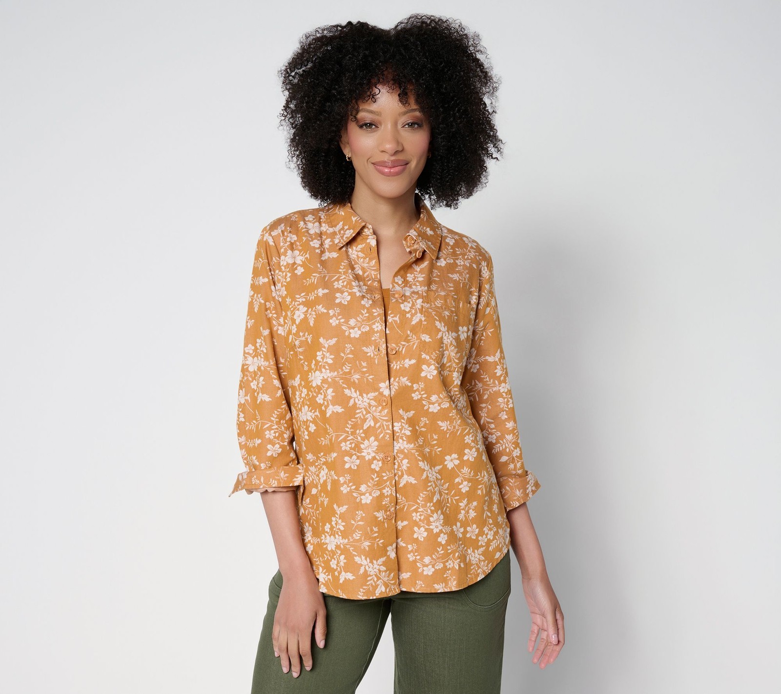 Joan Rivers Classics Collection Cotton Chambray Floral Classic Button Front Shir