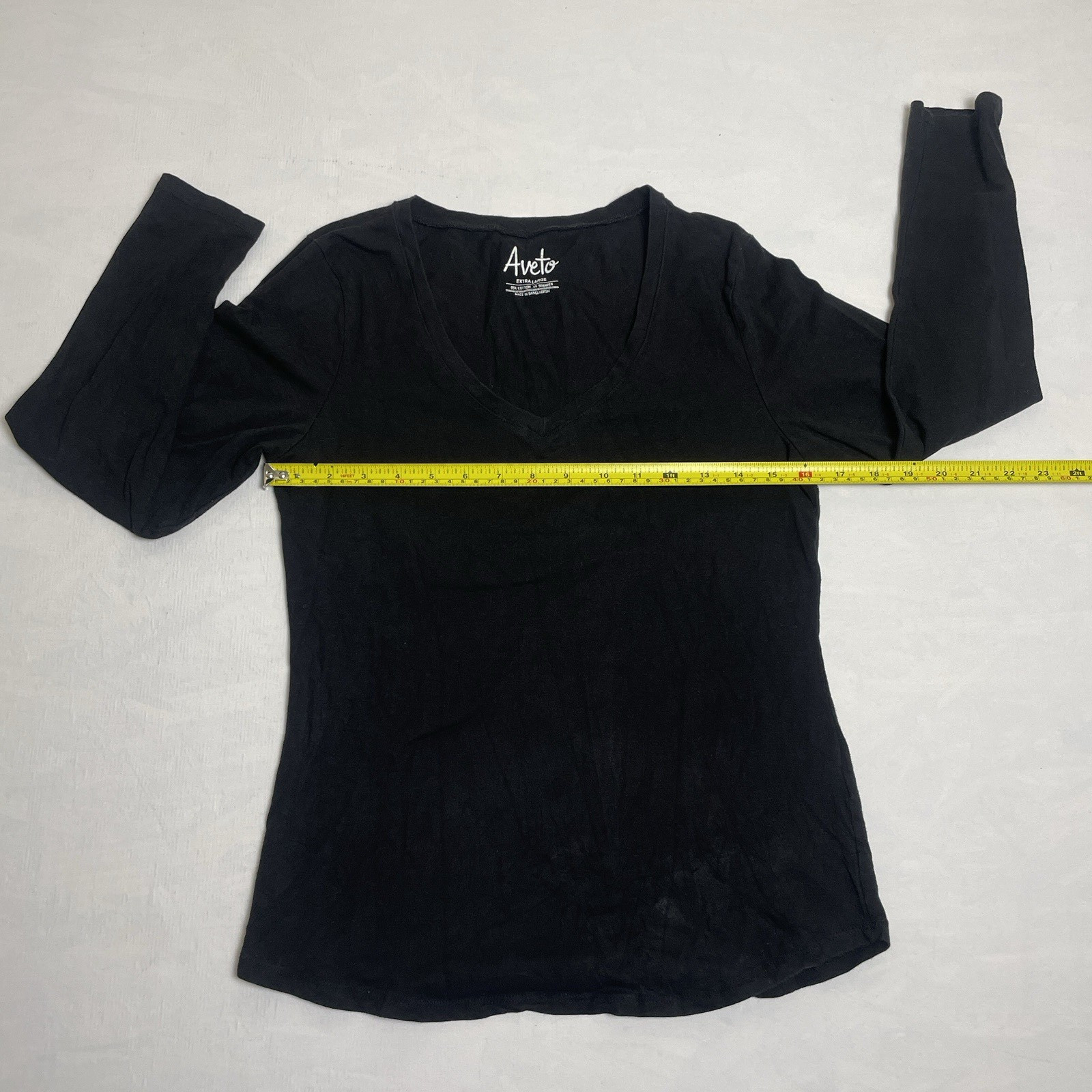 Aveto Womans Blouse Top Black Solid Large Cotton Blend Short Sleeve V Neck