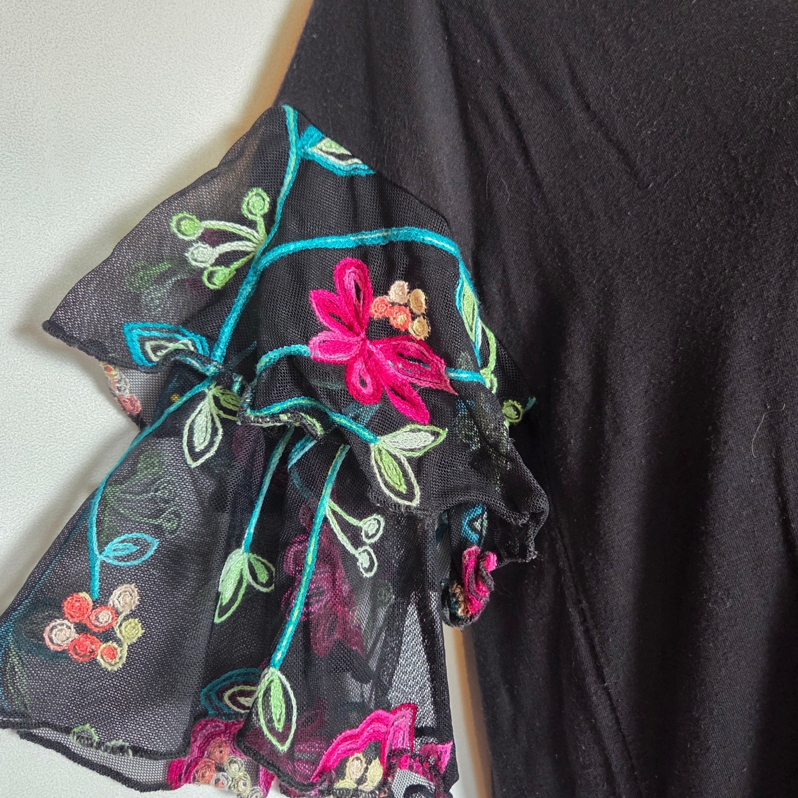 Boho Black Floral Embroidered Top Tiered Ruffle Mesh Statement Bell Sleeve Tee