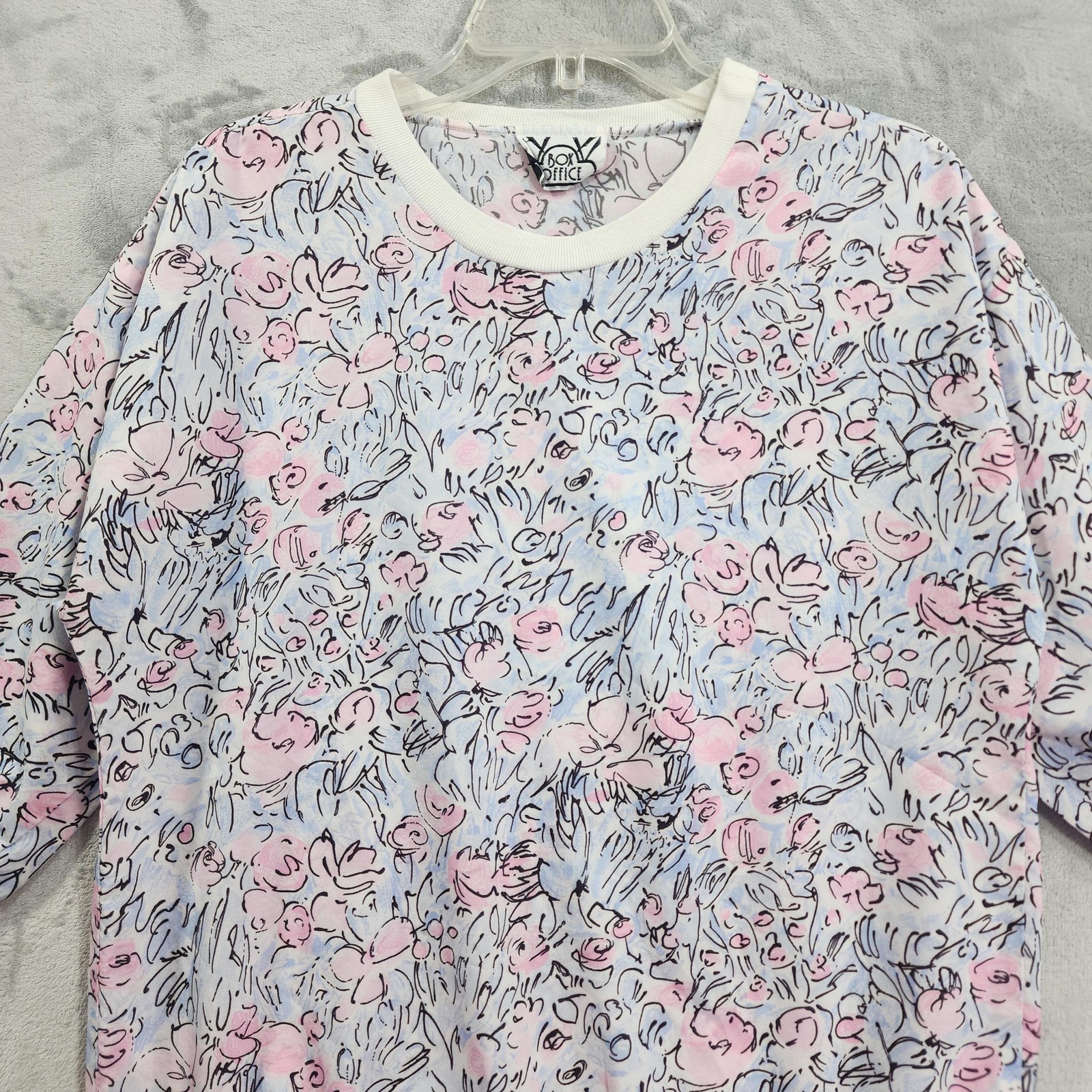 Vintage Box Office Top Womens L Pink Blue Floral Short Sleeve Crew Neck Pullover