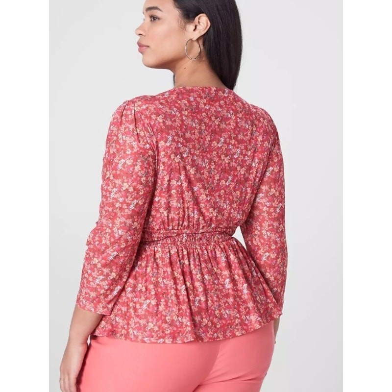 Lane Bryant Red Ditsy Floral Fitted Smocked Mesh Top 1X Boho Casual Bodycon NEW