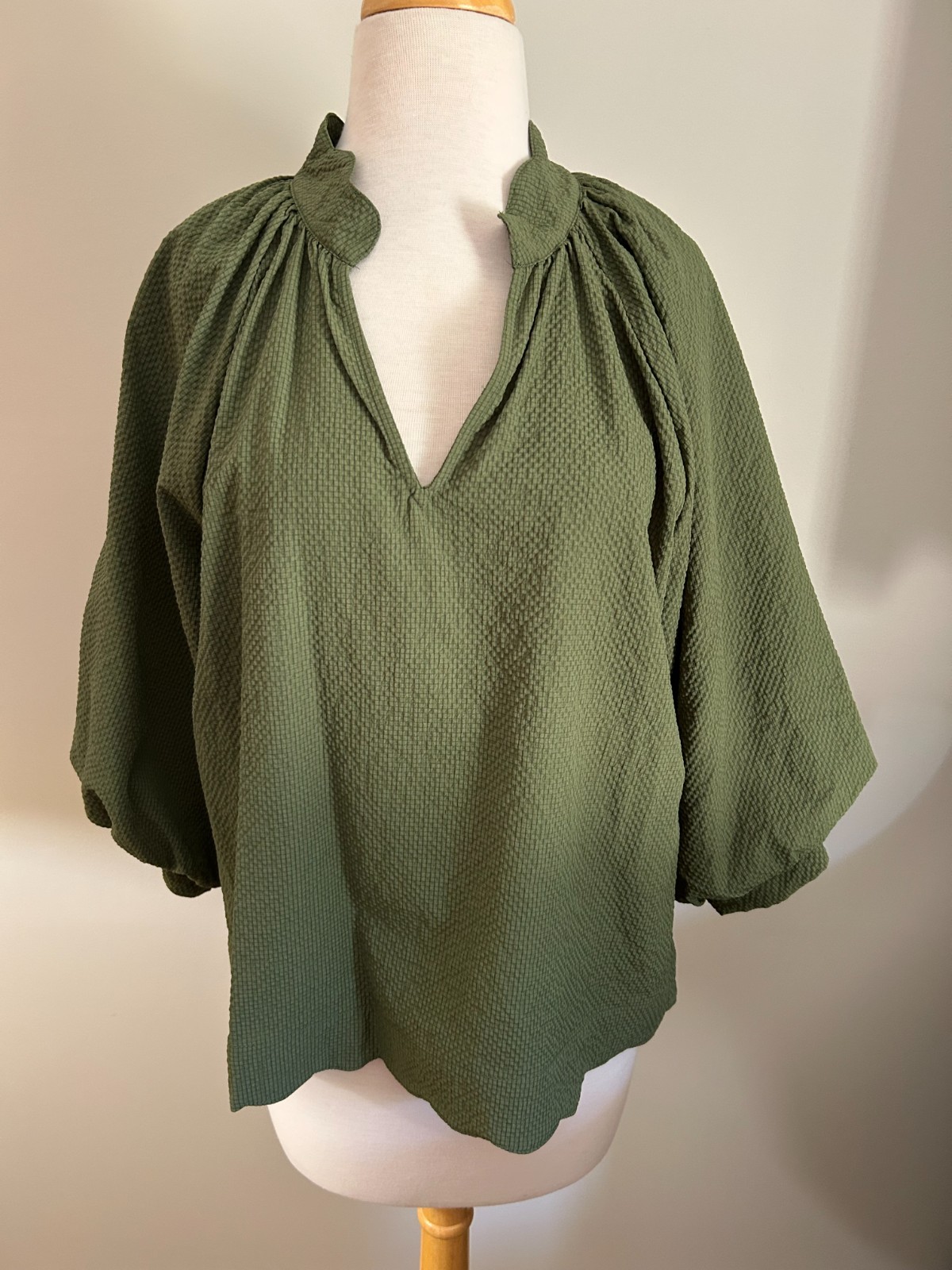 Umgee Olive Split V Neck Top with 3/4 Balloon Sleeves Scalloped Neck and Hem