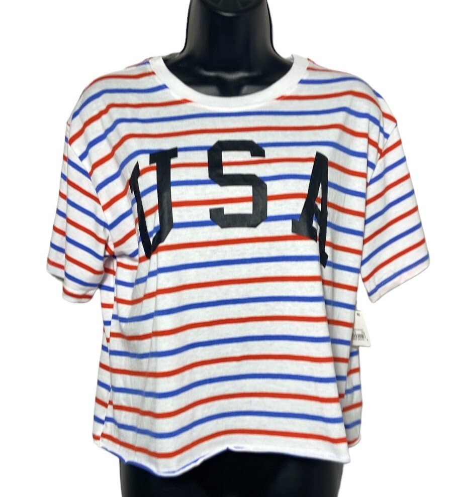 Mighty Fine Striped USA Patriotic Women’s Crop Top Red & Blue Stripes Size Large