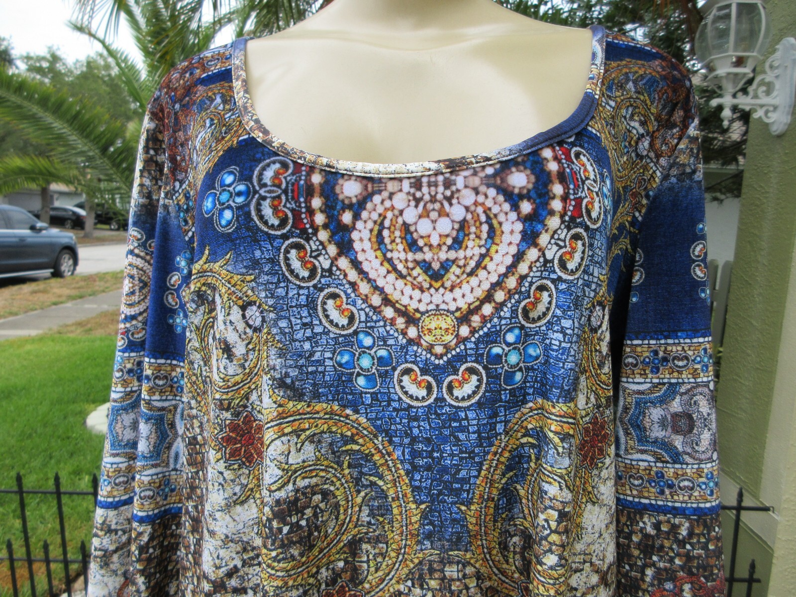 From the Heart Jaida Tunic Top XL NWT Blue Multicolor Baroque Print Stretch