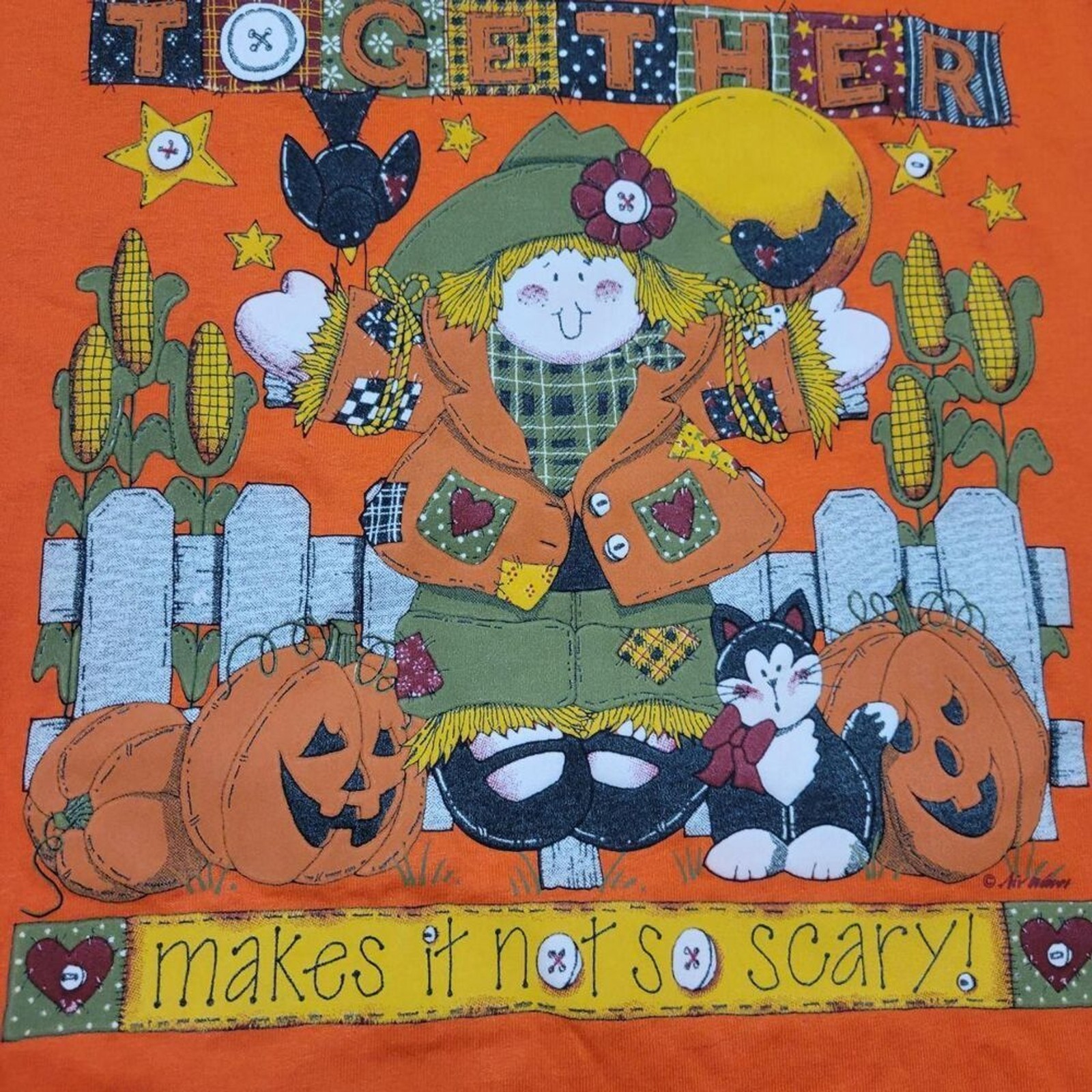 Vintage 90s Halloween Scarecrow Black Cat Pumpkin Folk Art Tee