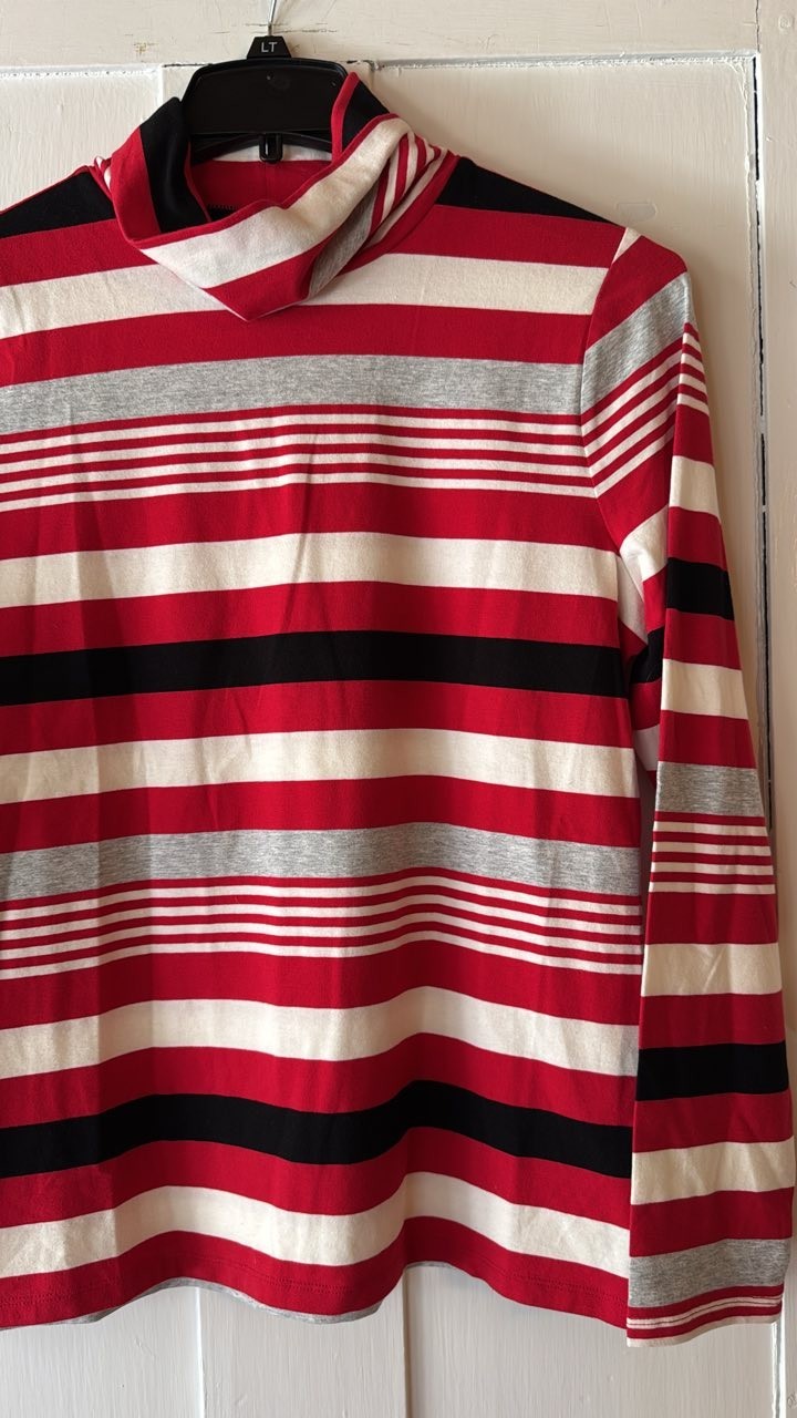 NWOT TALBOTs Large Red Black White Gray Stripe cowl Neck Long Sleeve Top Shirt