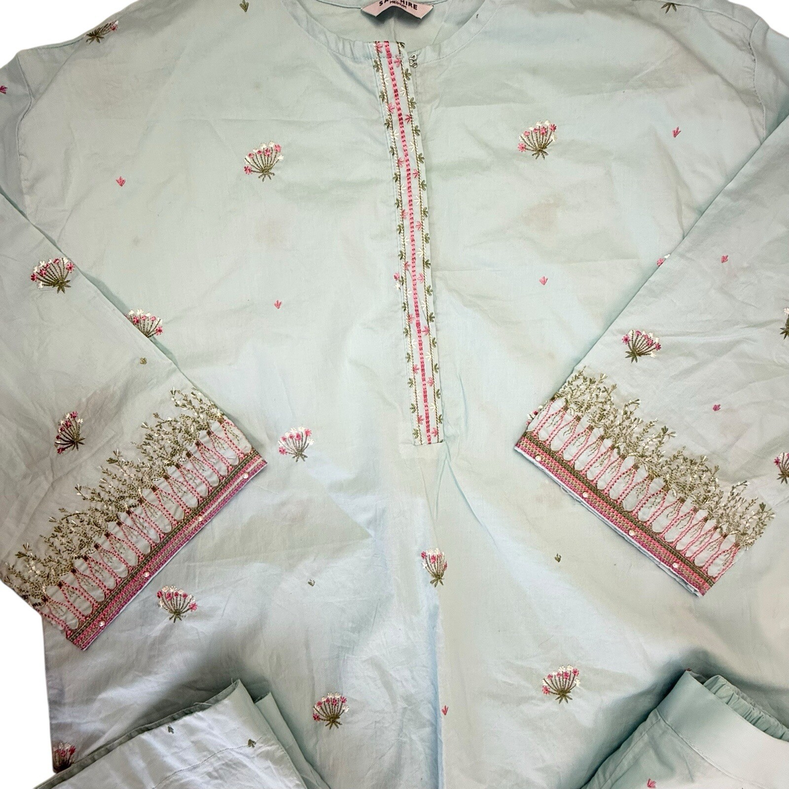 Sapphire Lounge Set Embroidered Floral Medium Pale Blue Boho Blouse Cropped Pant