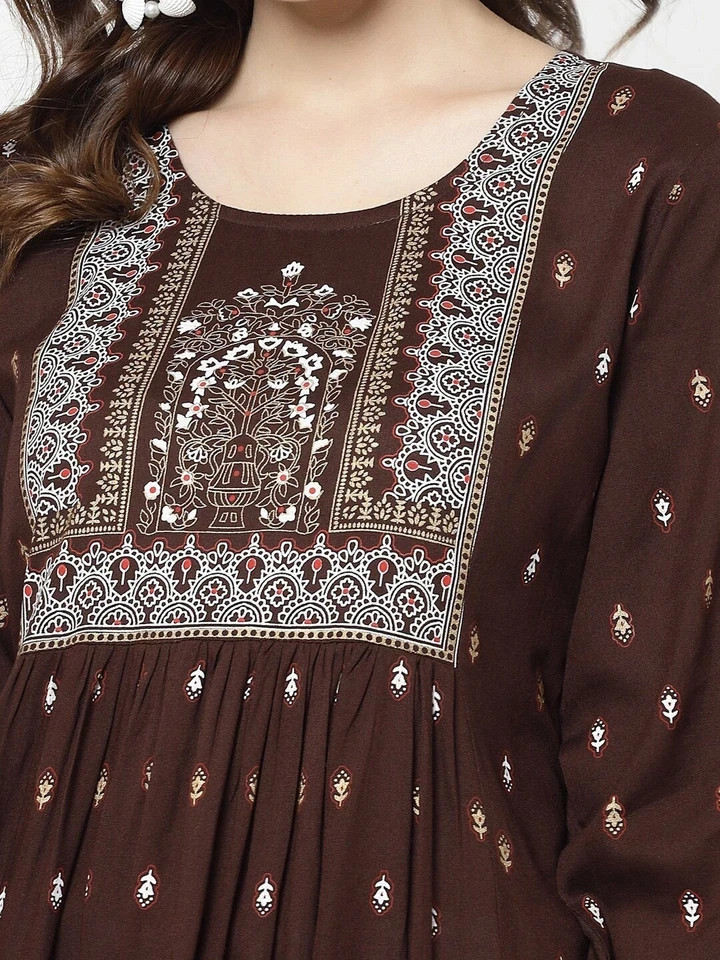 Indian Women Rayon Coffee Brown Floral Printed Top Tunic Kurta Kurti New Dress