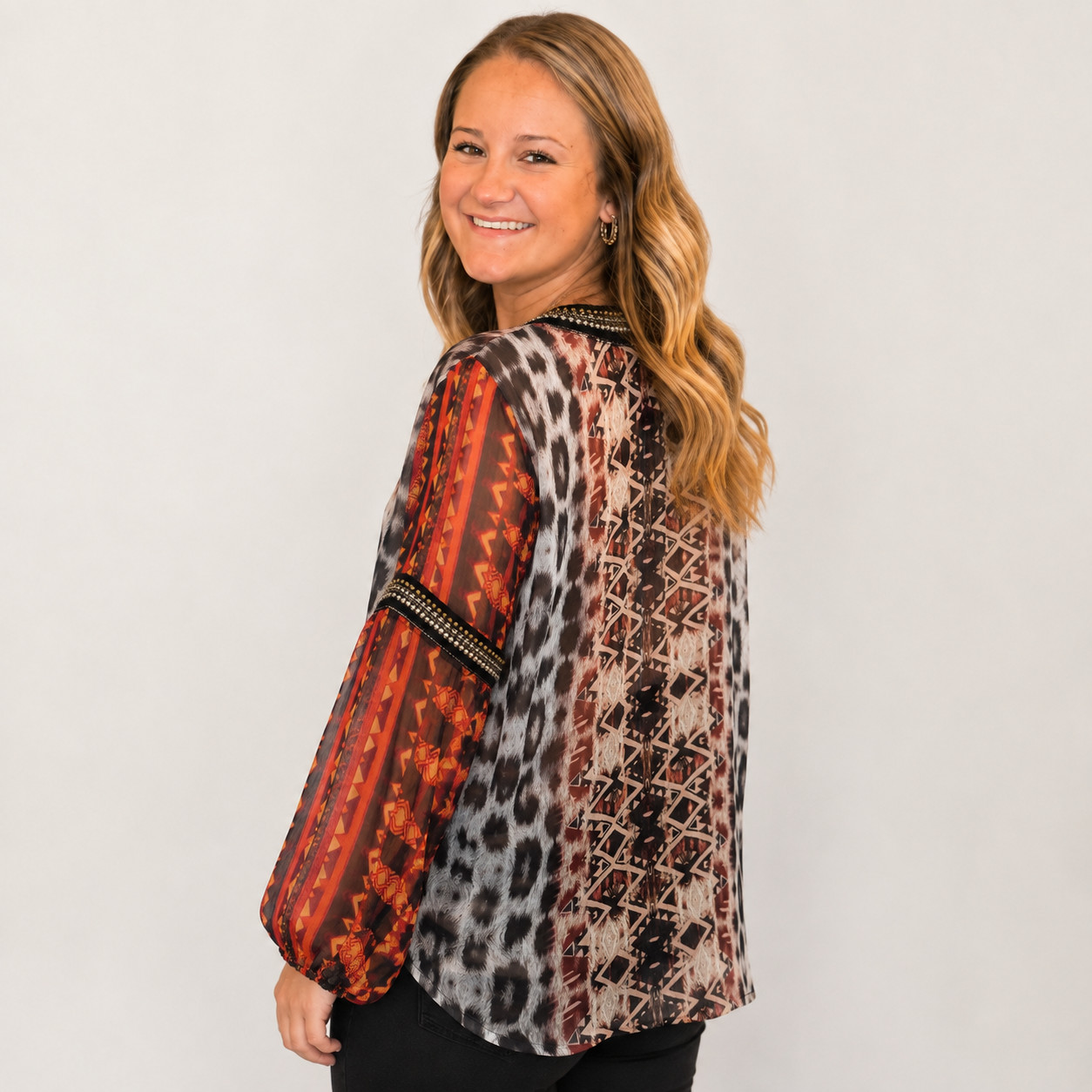 V Cristina Women’s XL Bohemian Leopard and Rust Print with Beaded Neck