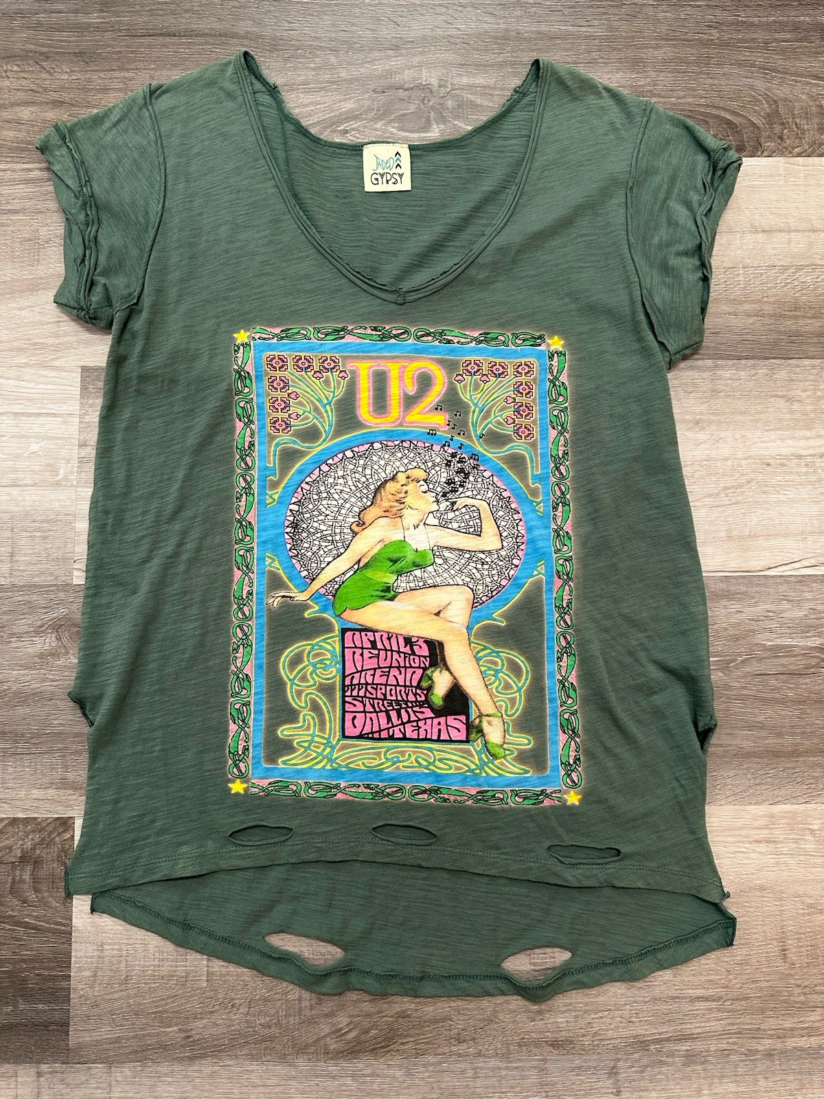 Jaded Gypsy U2 Distressed Shirt S/M Bono Green Bohemian Celtic