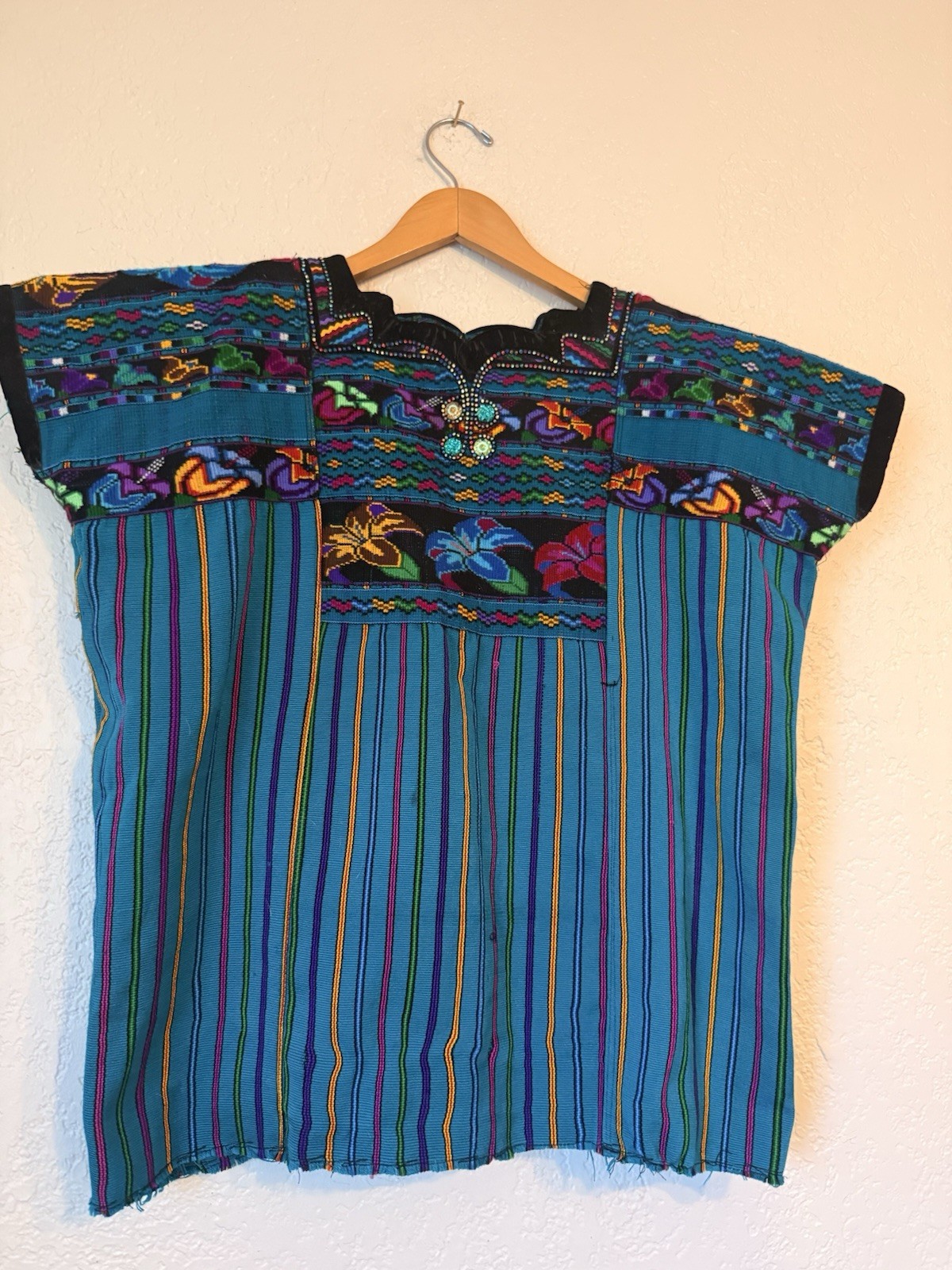 Vintage Guatemalan Huipil Chichicastenango Hand Woven Maya Tunic Top Blue