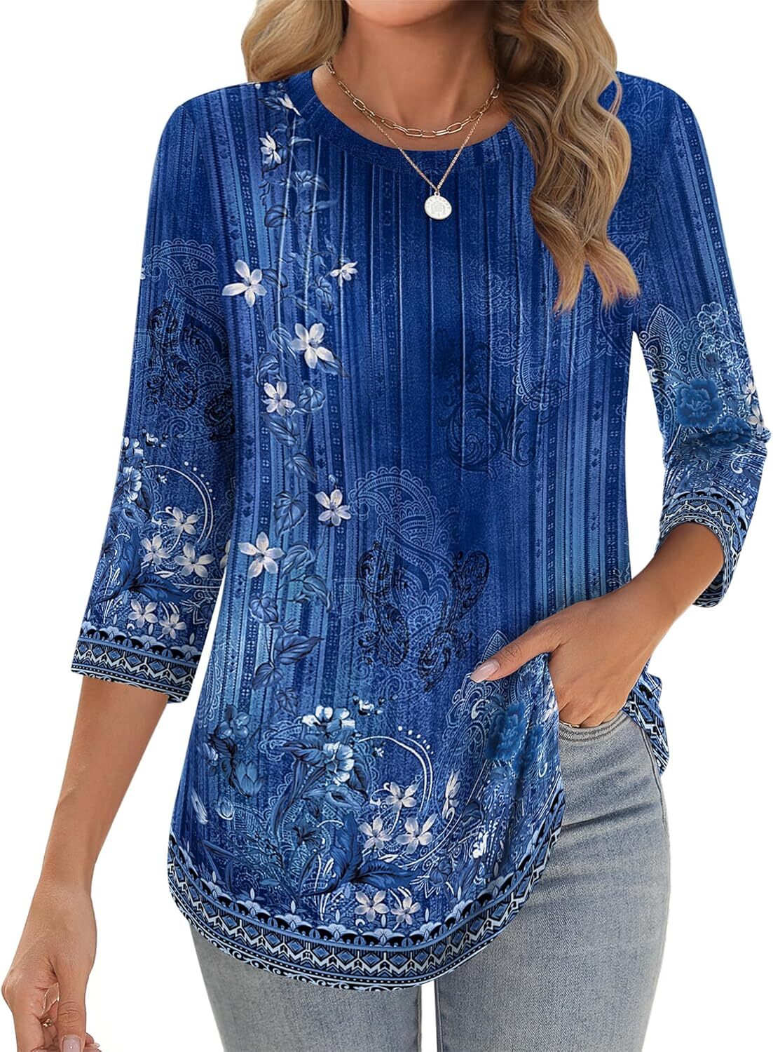 Womens 3/4 Sleeve Tunic Top Loose Fit Pleated Crew Neck Summer Casual Blouse