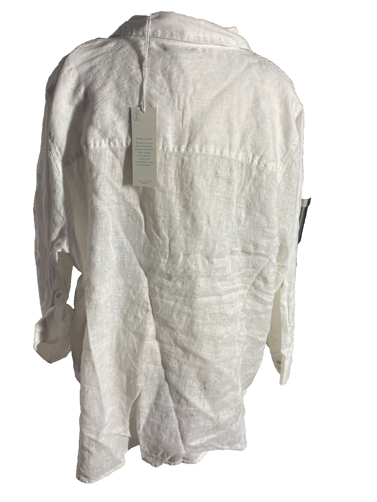 Calypso St. Barth Blouse NEW Women 3X 100% Linen White Silver Metallic Accent