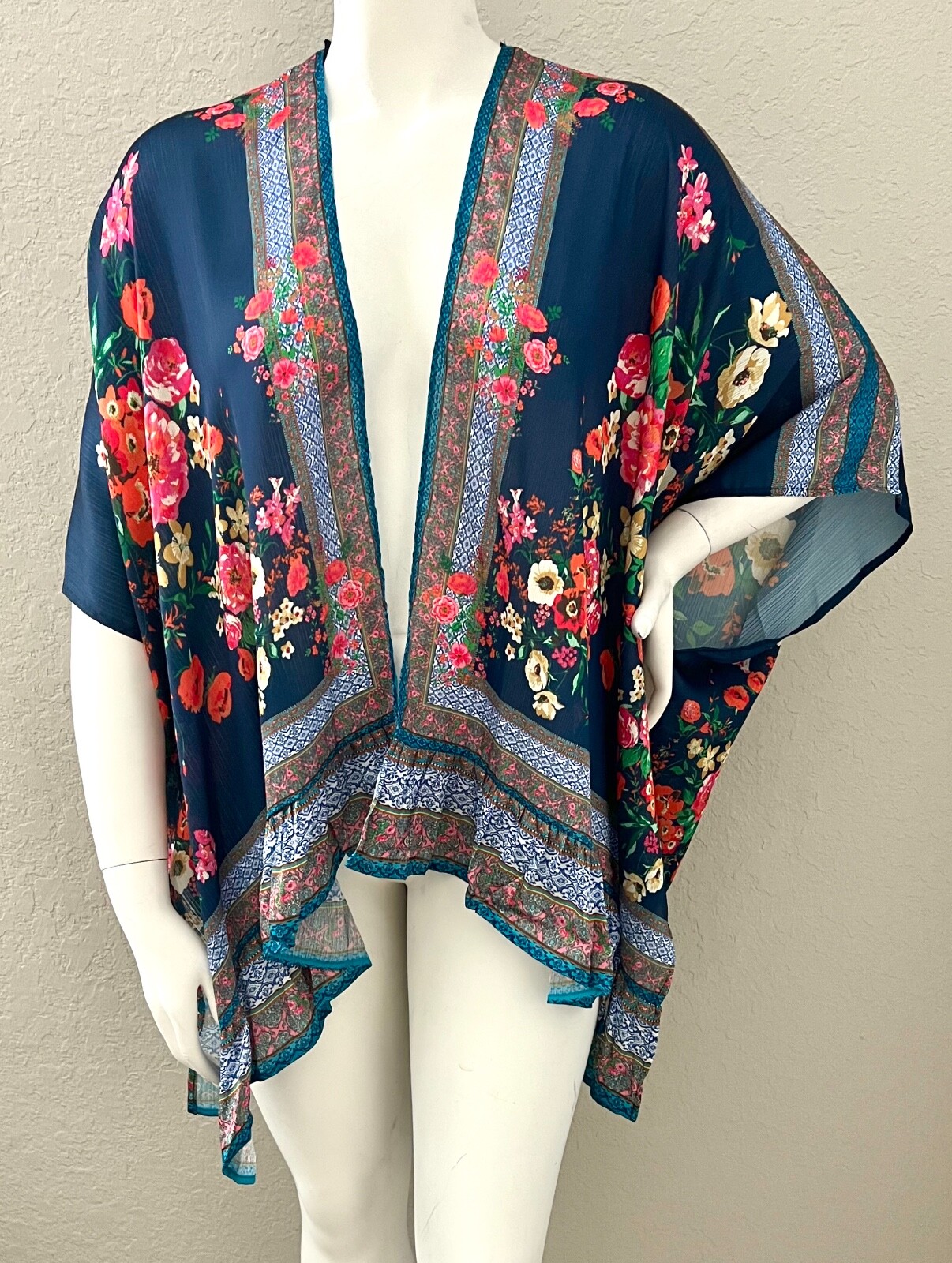 Umgee USA Floral Border Ruffle Trim Kimono Wrap Navy Blue Plus XL/1XL 1XL/2XL