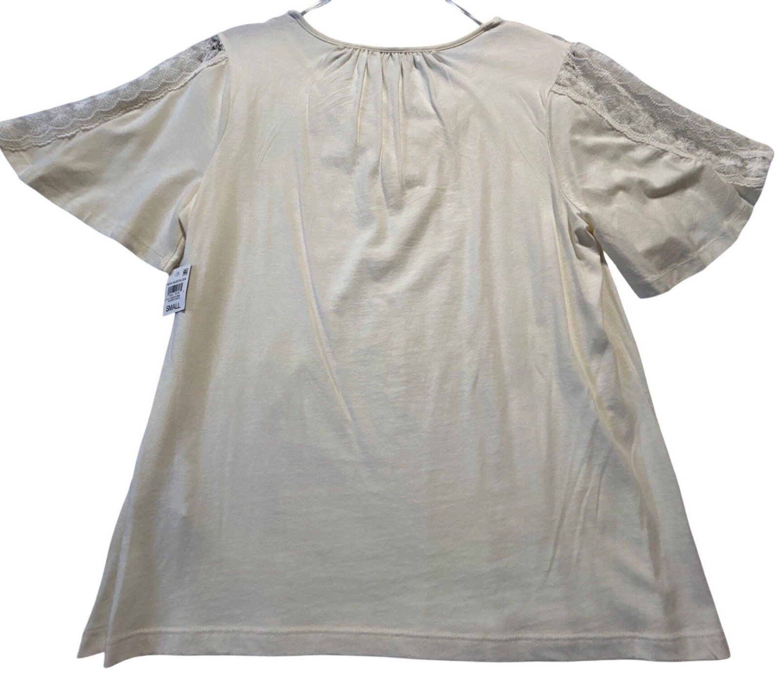 Style & Co Womens Small Whisper White Top With Lace Details & Short Sleeves
